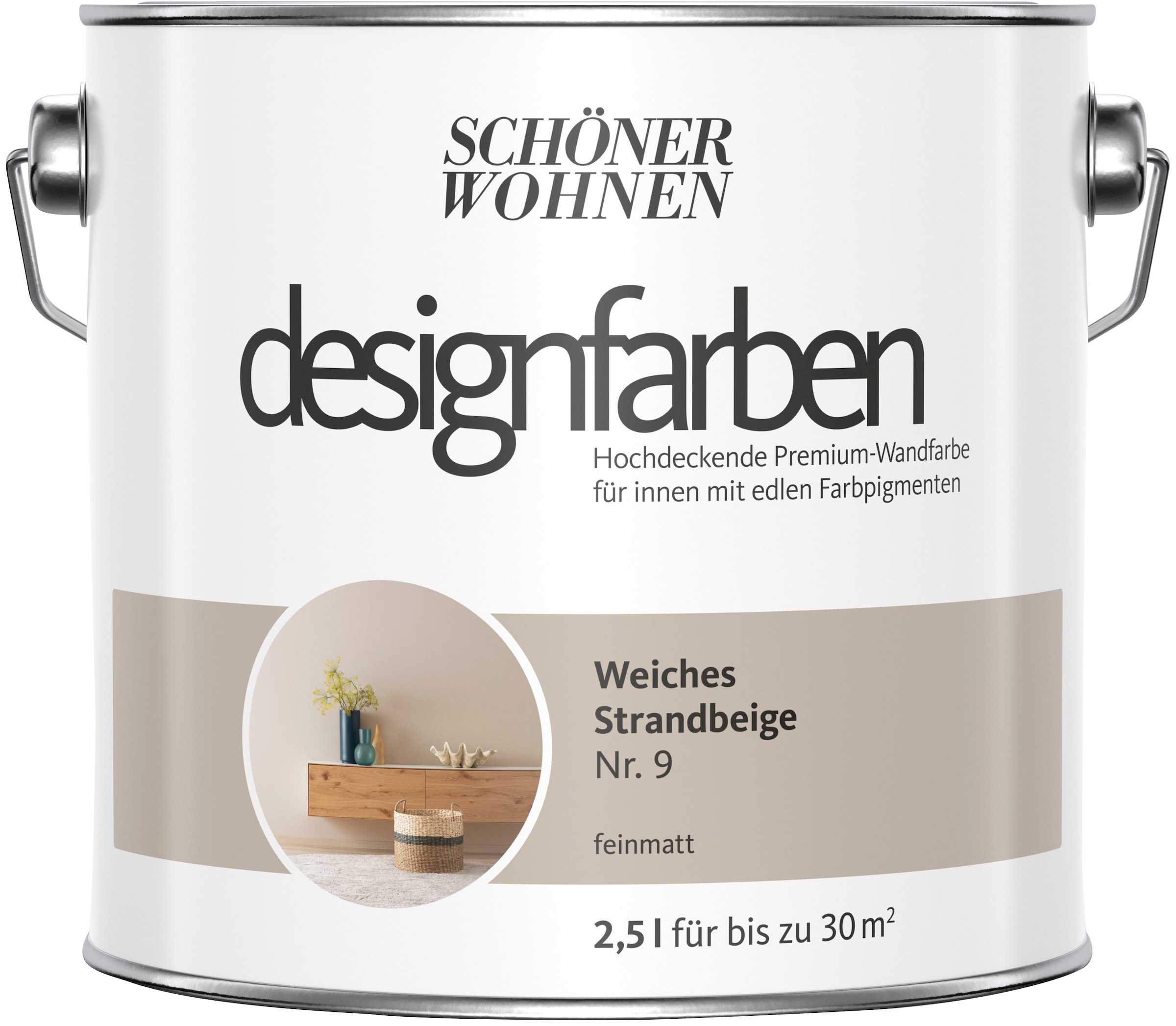 SCHÖNER WOHNEN FARBE Wandfarbe »designfarben«, 2,5 Liter, Weiches Stranbeige Nr. 9, hochdeckende Premium-Wandfarbe