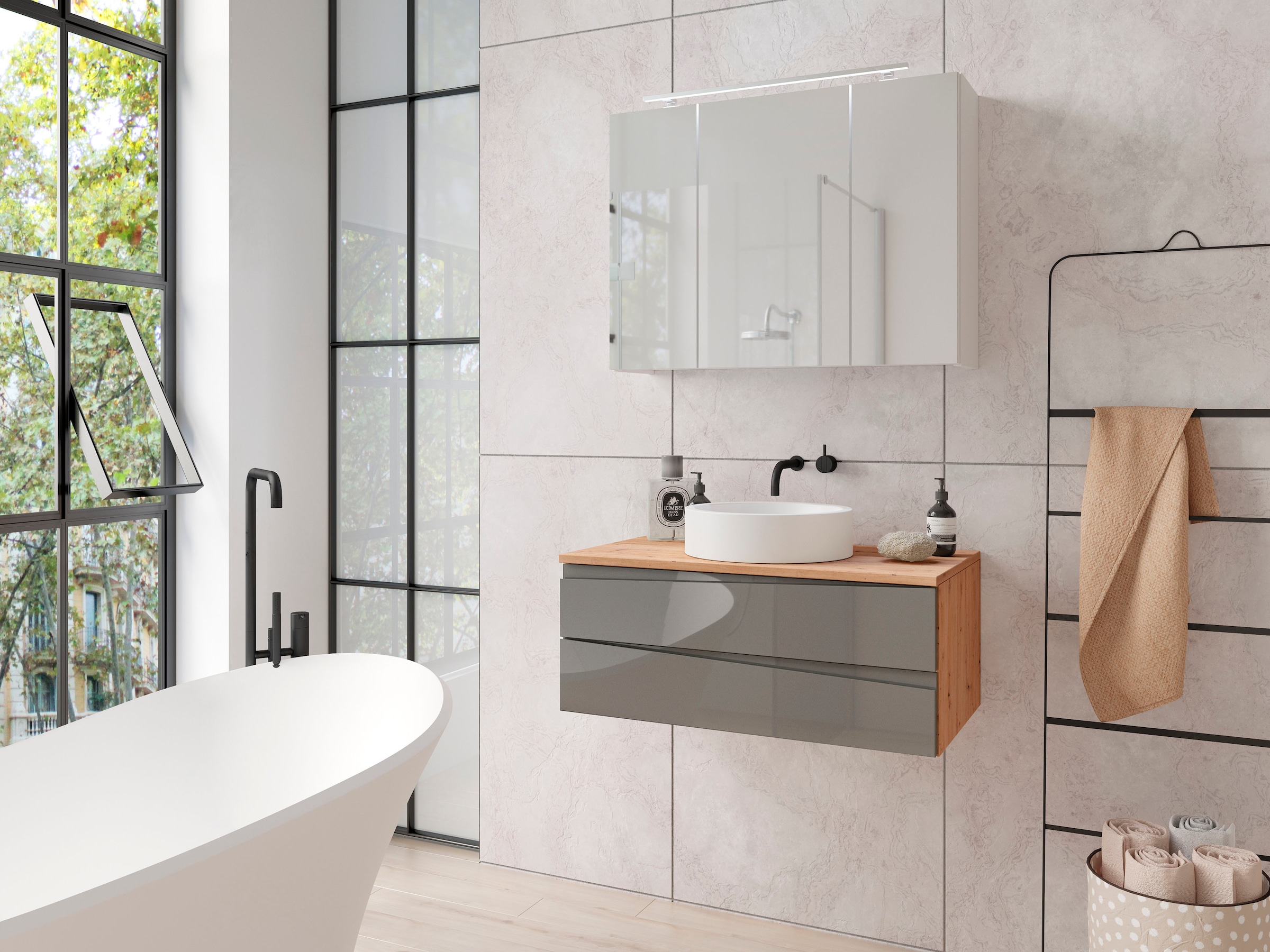 byLIVING Waschbeckenschrank »Shape«, (1 St.), für Aufsatzbecken mit asymetrischer Hochglanz Front, 2 Schubkästen