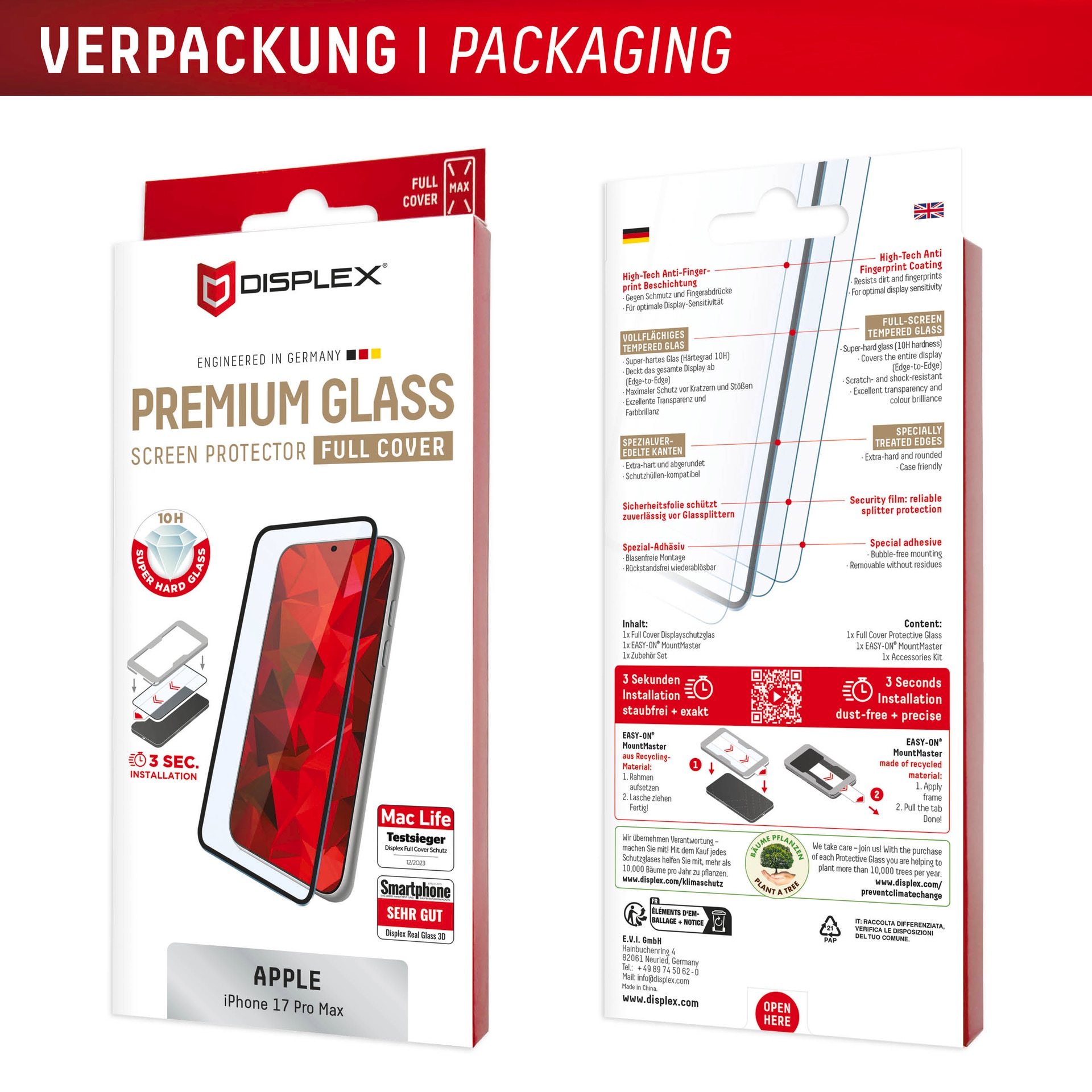 Displex Displayschutzglas »Premium Glass Screen Protector mit EASY-ON MountMaster« für Apple iPhone 17 Pro Max Displayschutzfolie, Schutzfolie, Bildschirmschutz, kratz- & stoßfest