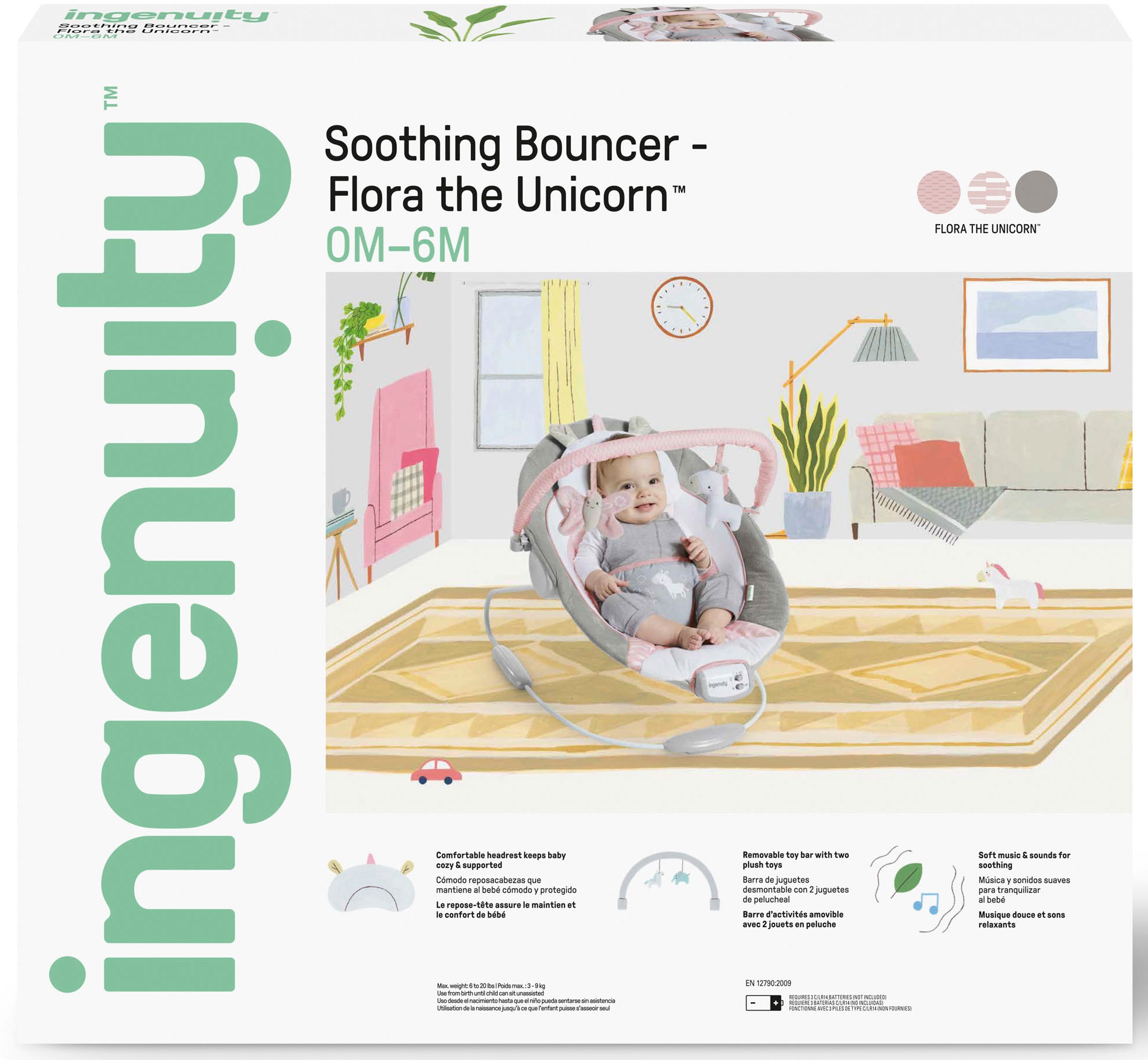 ingenuity Babywippe »Soothing Bouncer, Flora the Unicorn«, bis 9 kg, mit Vibration und Melodien