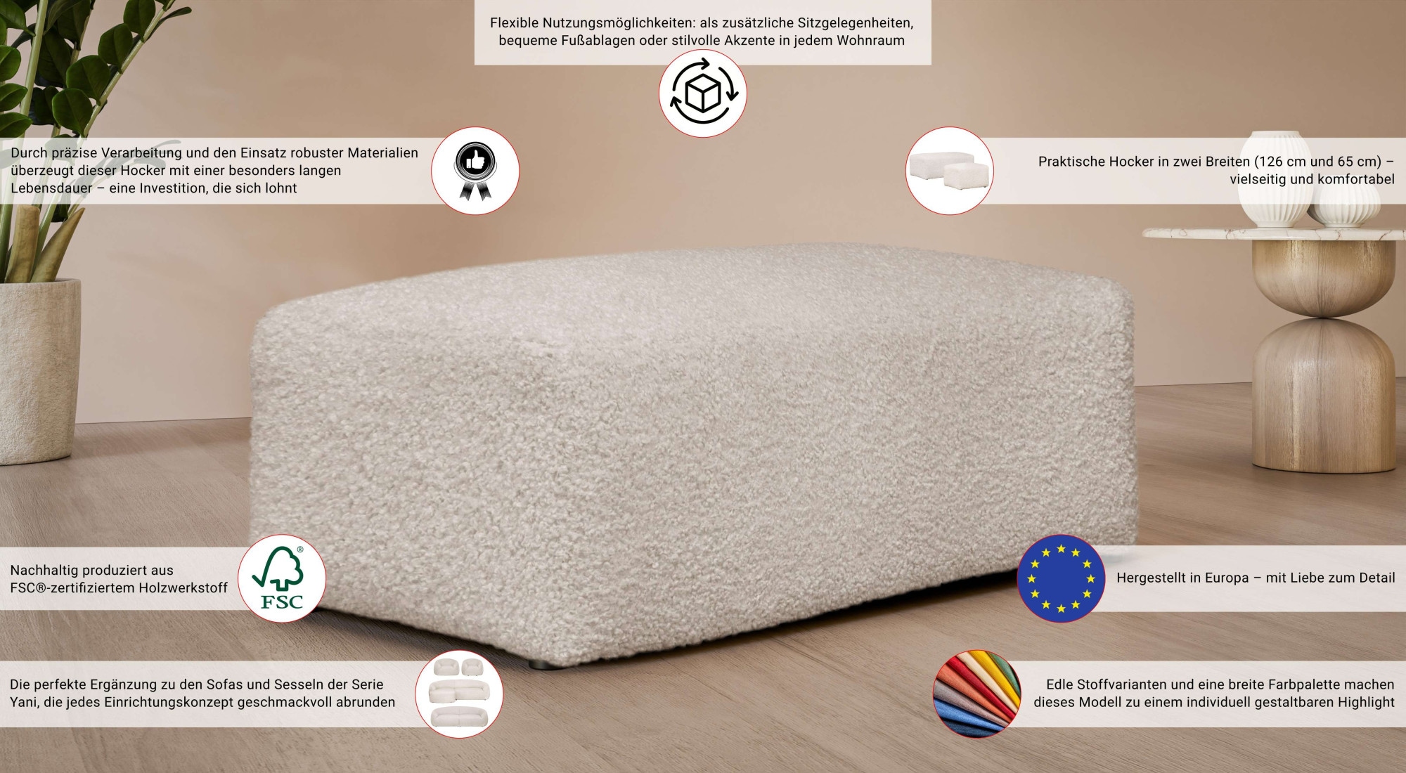 LeGer Home by Lena Gercke Polsterhocker »YANI Sitzhocker mit Wellenunterfederung, Maße B/T/H: 126/65/46 cm« großer Hocker passend zur Serie Yani, in hochwertiger Verarbeitung