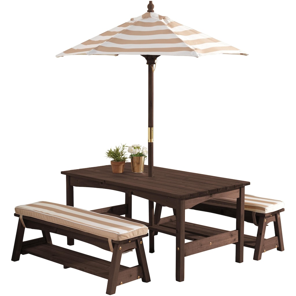 KidKraft® Kindersitzgruppe »Gartentischset dunkelbraun«, mit Sitzauflagen und Sonnenschirm, beige-weiß gestreift
