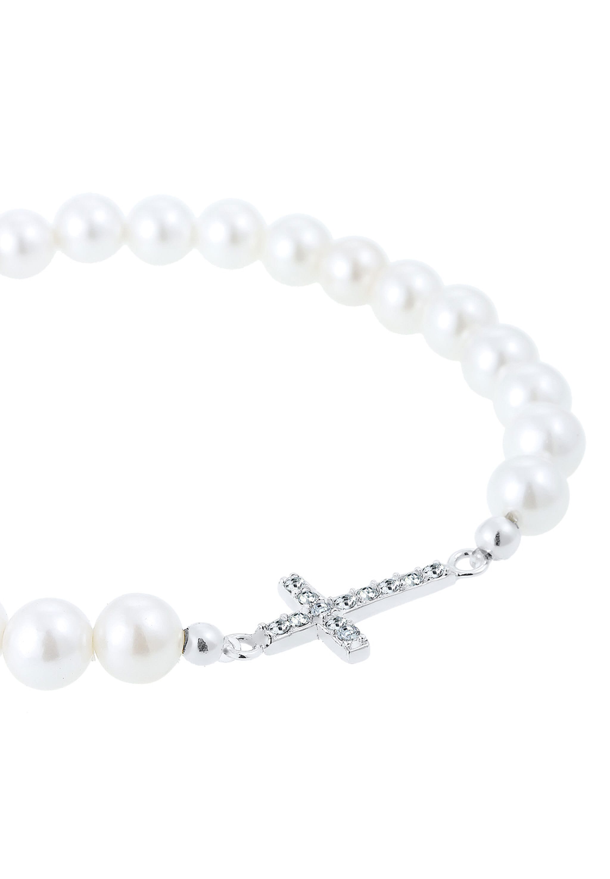 Elli Armkette »Armband Perlen Kreuz Glas Kristalle Weiß 925 Sterling Silber«