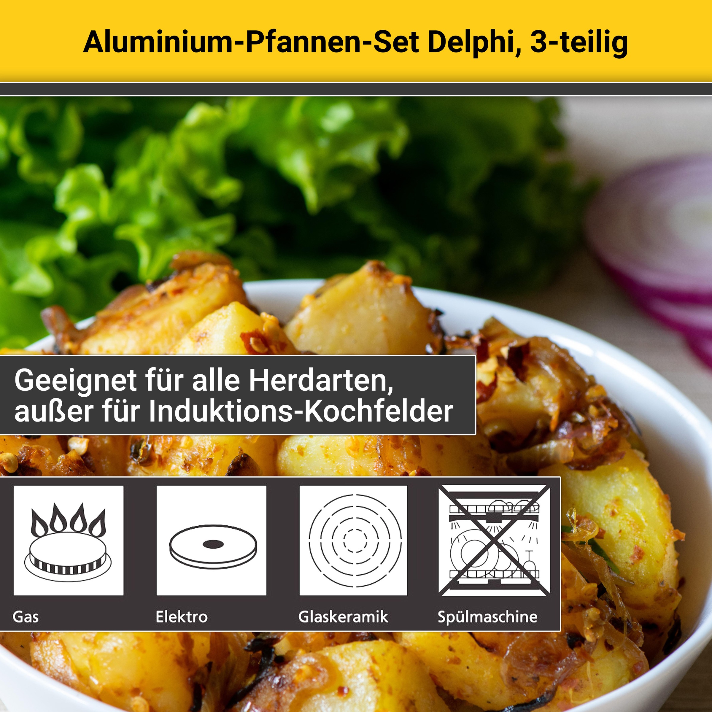 Krüger Pfannen-Set »Aluminium Pfannen-Set DELPHI 3 tlg. (20 + 28 cm und Pfannenwender)«, Aluminium, (Set, 3 tlg., 1x Bratpfanne Ø 20 cm (H. 4,3 cm), 1x Bratpfanne Ø 28 cm (H. 4,9 cm)