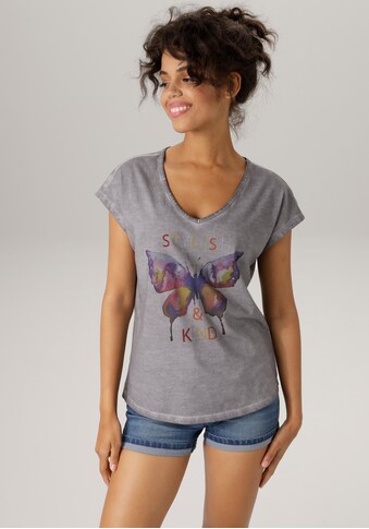 Aniston CASUAL T-Shirt, mit batikfarbigem Schmetterling und Schriftzug - NEUE KOLLEKTION kaufen