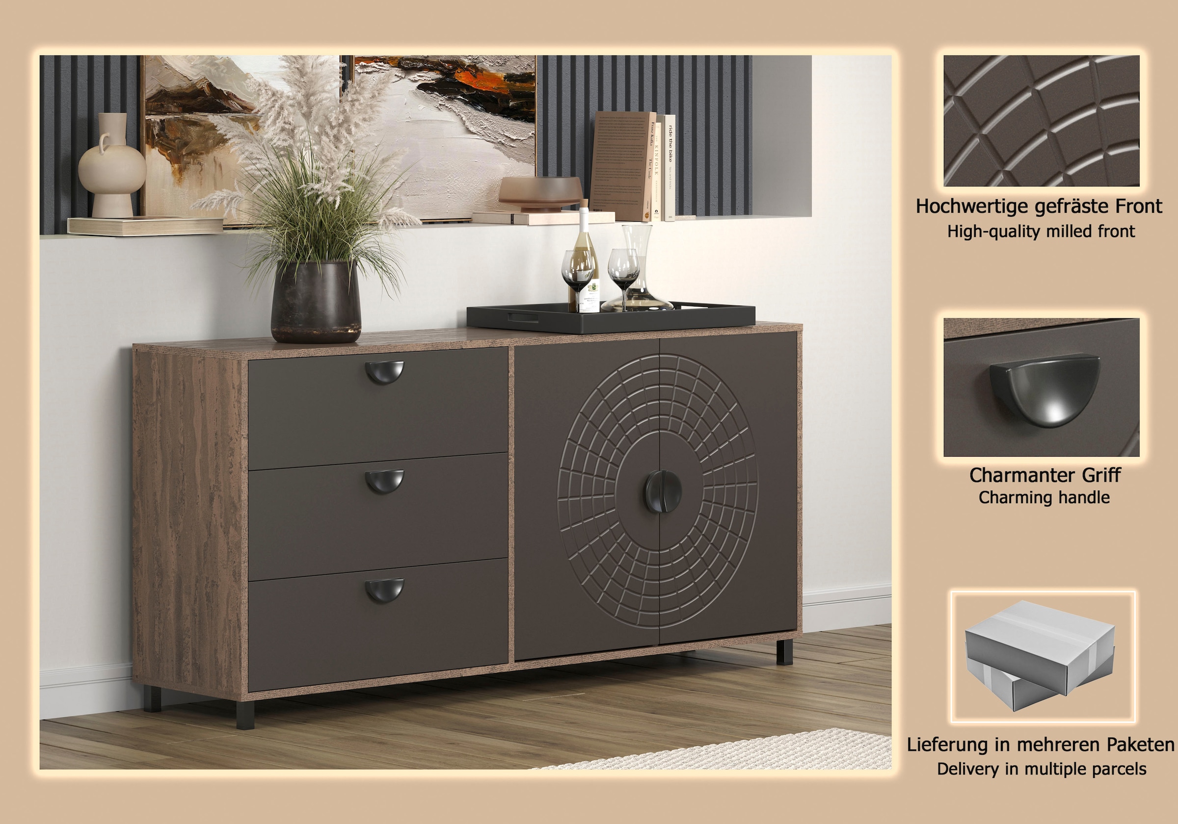 INOSIGN Sideboard »Fusion« 1 Stk. tlg. Kommode mit markantem Kreismuster - Antikoptik - (B/T/H) 176/42/86 cm