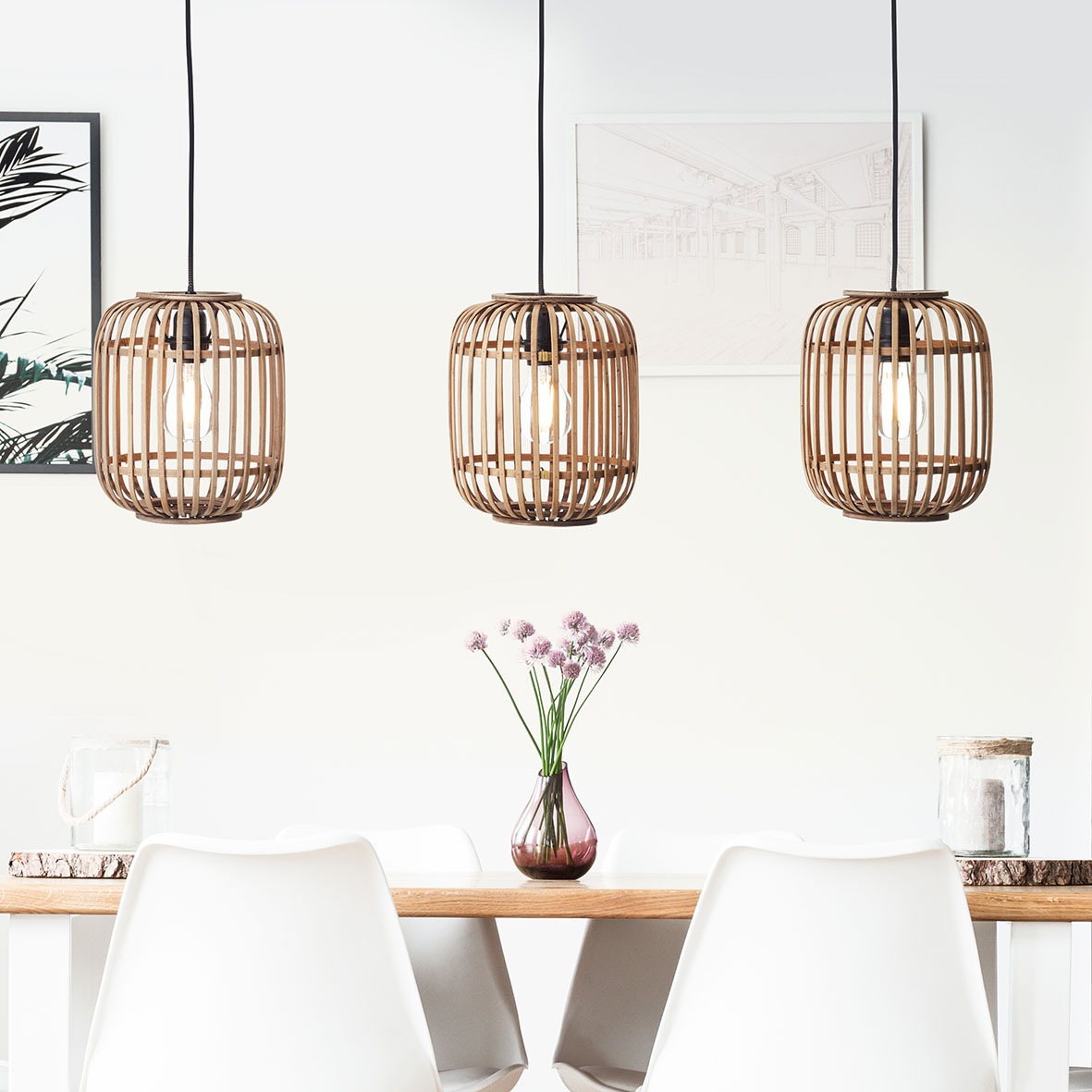 Brilliant Pendelleuchte »Woodrow«, 3 flammig, Leuchtmittel E27 | ohne Leuchtmittel, Bambus Lampe, Nature-Style, 130 x 105 cm, E27