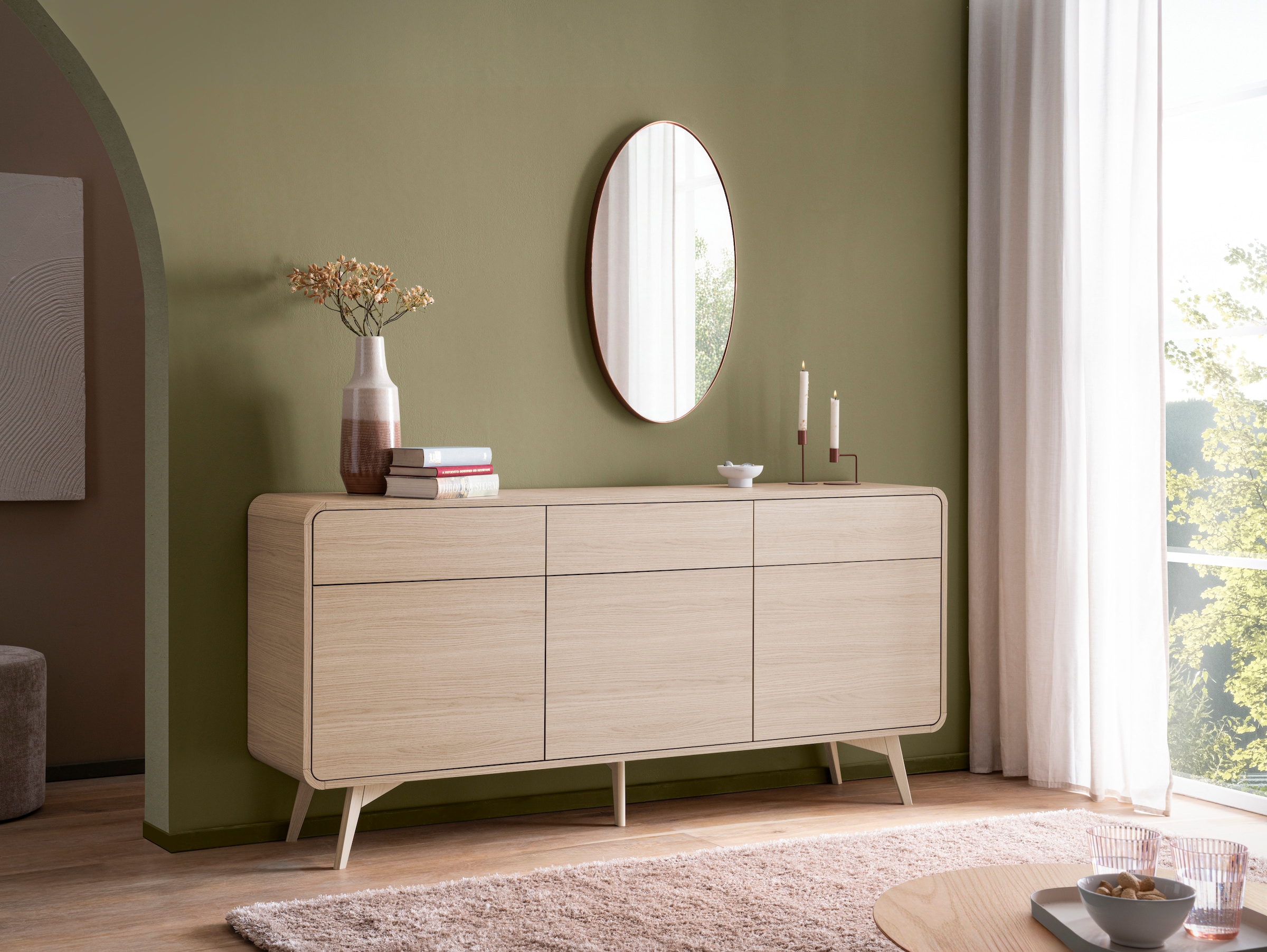 Home affaire Sideboard »Torsby, moderner Schrank, Kommode in Eiche Natur, 180 cm breit« abgerundete Ecken, ausreichend Stauraum, vielseitig einsetzbar
