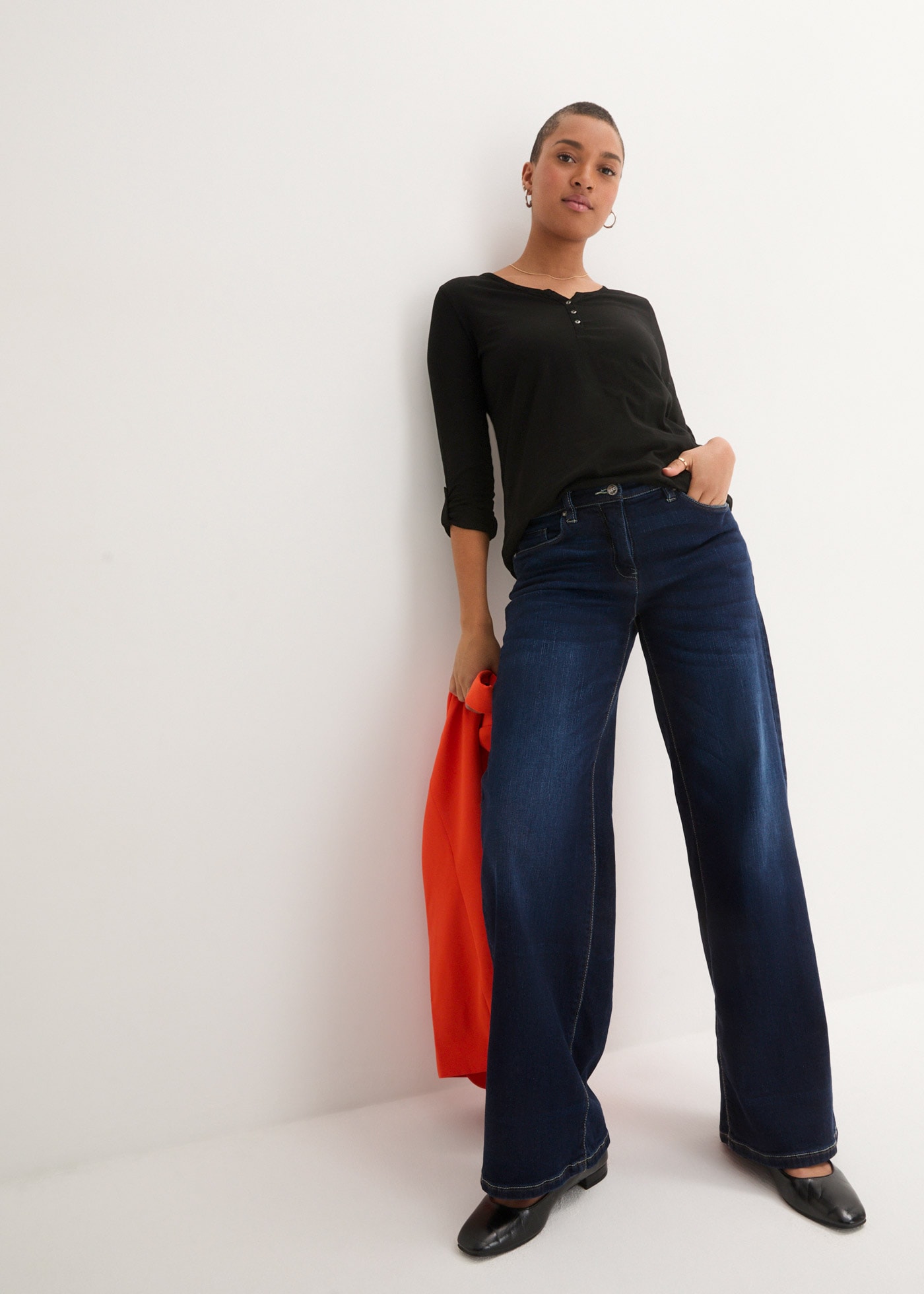 bonprix Langarmshirt gerade Passform, Krempelärmel, Henley-Ausschnitt