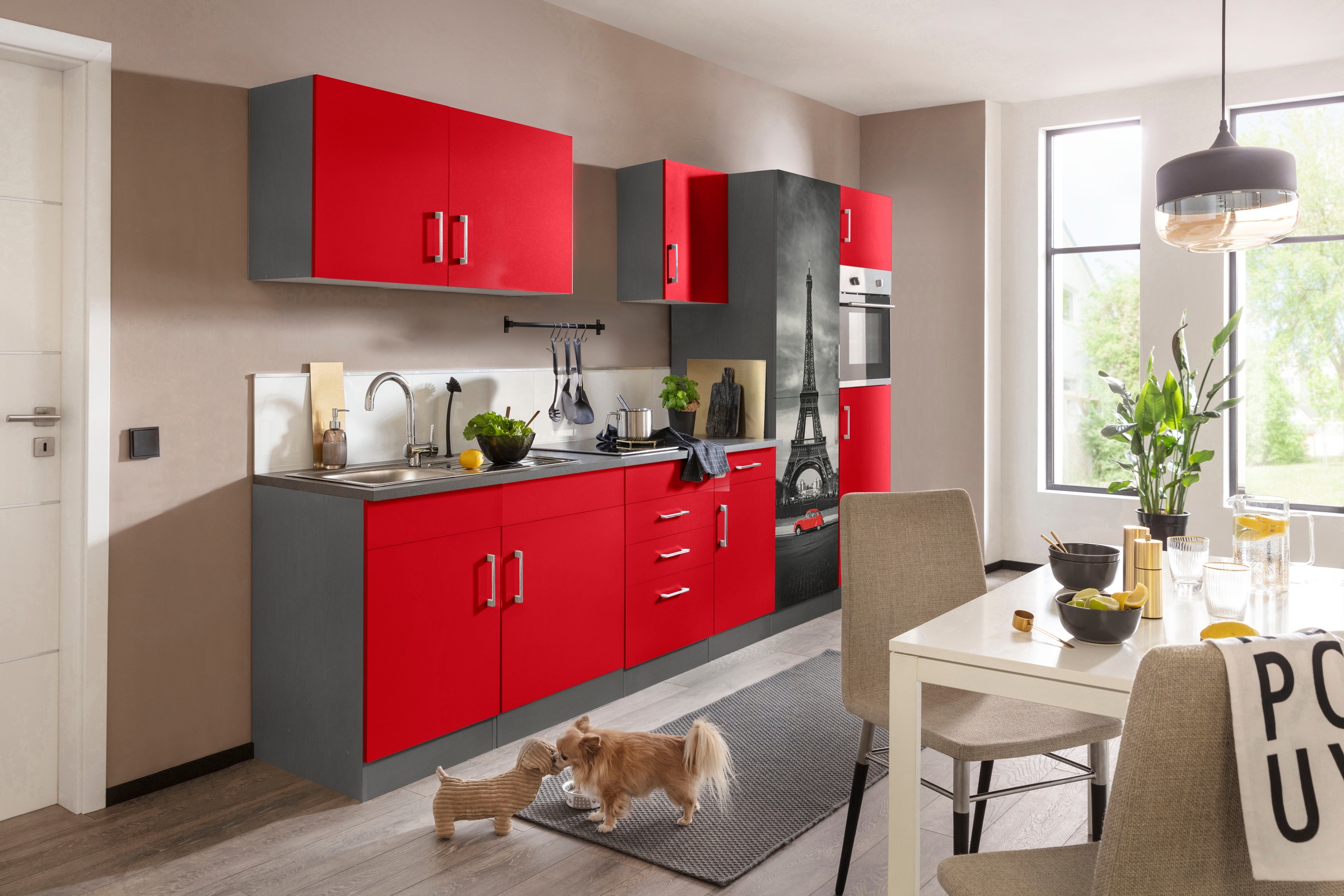 KOCHSTATION Küchenzeile »KS-Paris – Küchen mit einzigartigen Fotomotiven auf den Fronten« Breite 330 cm, wahlweise mit E-Geräten und Induktion