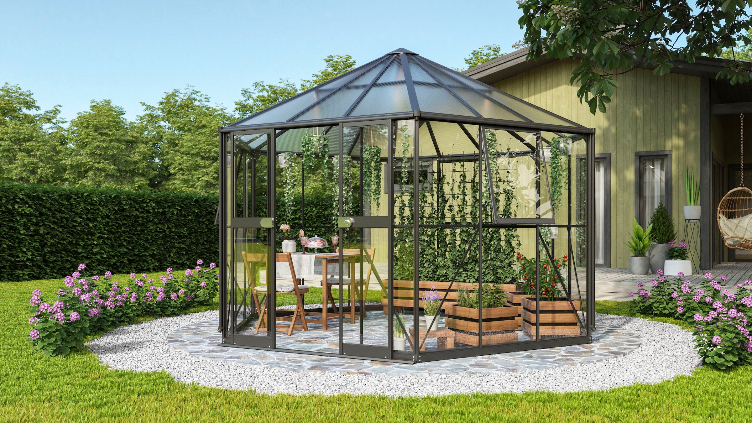 Vitavia Gewächshaus »Pi 9000, mit Stahlfundamentrahmen«, Alu-Profile,3 mm Sicherheitsglas, Dach 6 mm Hohlkammerplatten
