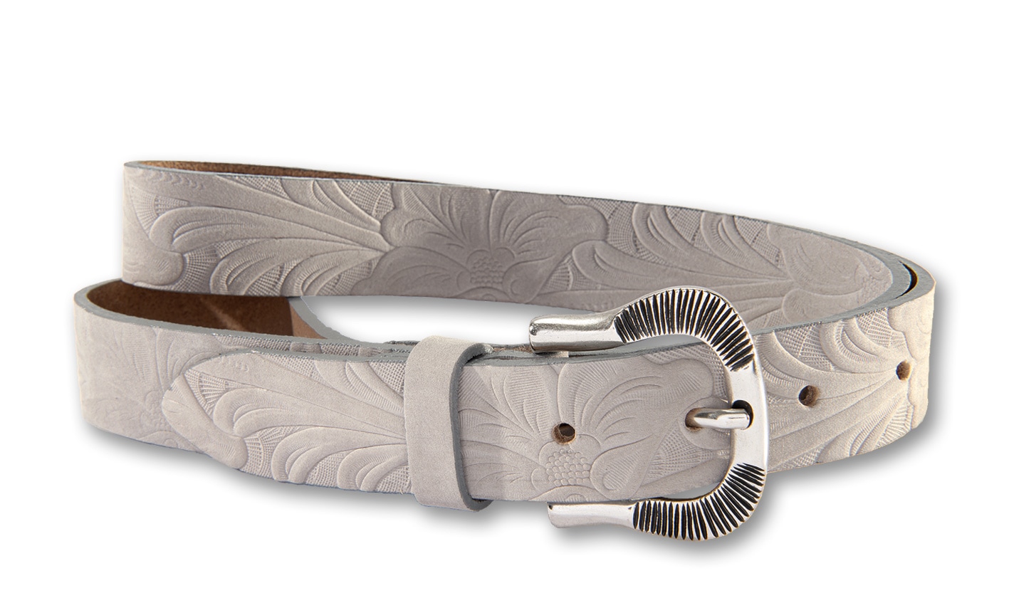 Silbergift Damen Ledergürtel mit floraler Prägung in grau, Größe 100