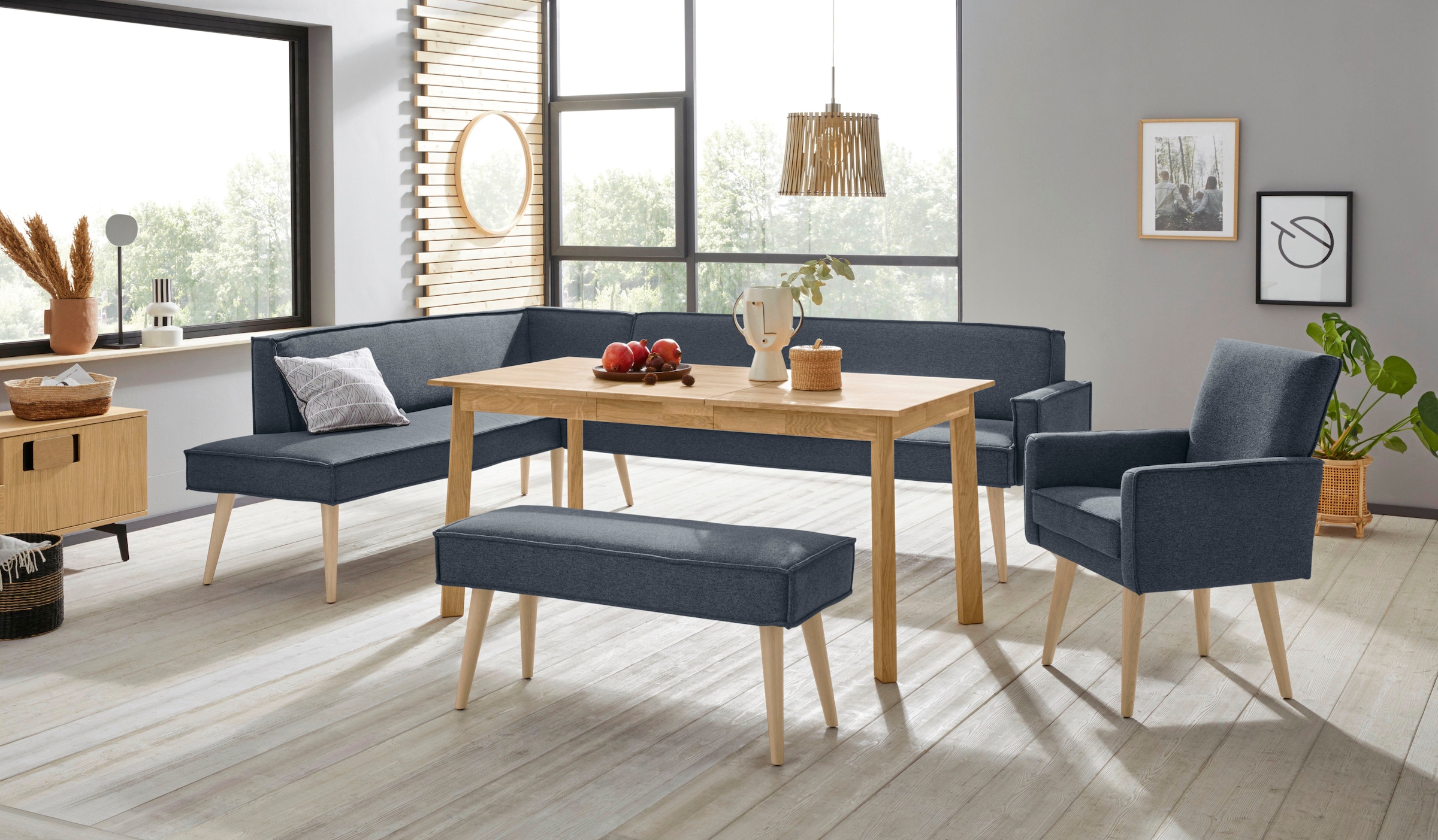 exxpo - sofa fashion Eckbank »Lungo, moderne Kedernaht, bequem und elegant, hoher Holzfuß«, hochwertige Detailverarbeitung, frei im Raum stellbar