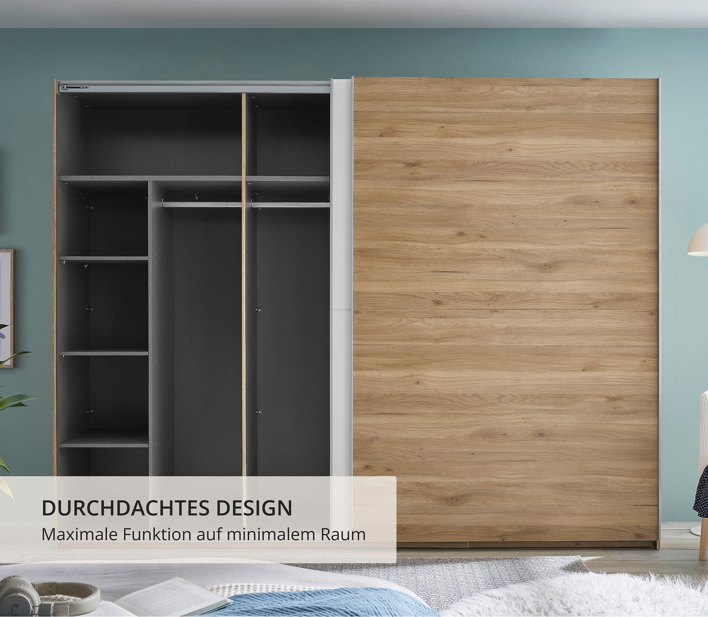 Schlafkontor Schwebetürenschrank »Mesio, 2-türiger Kleiderschrank, Schiebetürenschrank mit viel Stauraum« inklusive Hoteleinteilungen außen und Einlegeböden oben