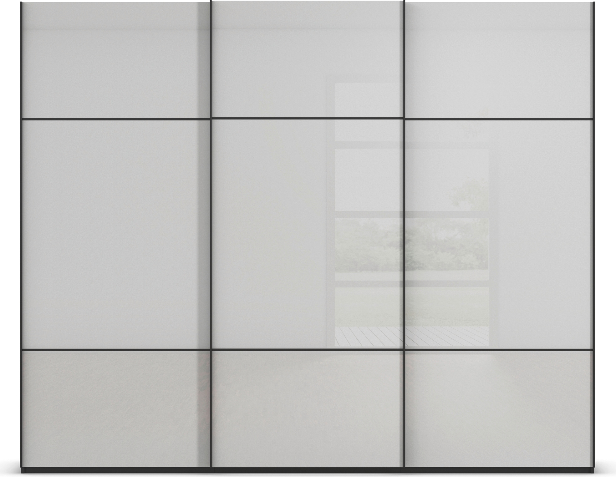 rauch Schwebetürenschrank »Kleiderschrank Schrank Garderobe Schlafzimmerschrank SCALE-TRIO«, edle dreigeteilte Front mit 2 Zierleisten Glasfront MADE IN GERMANY