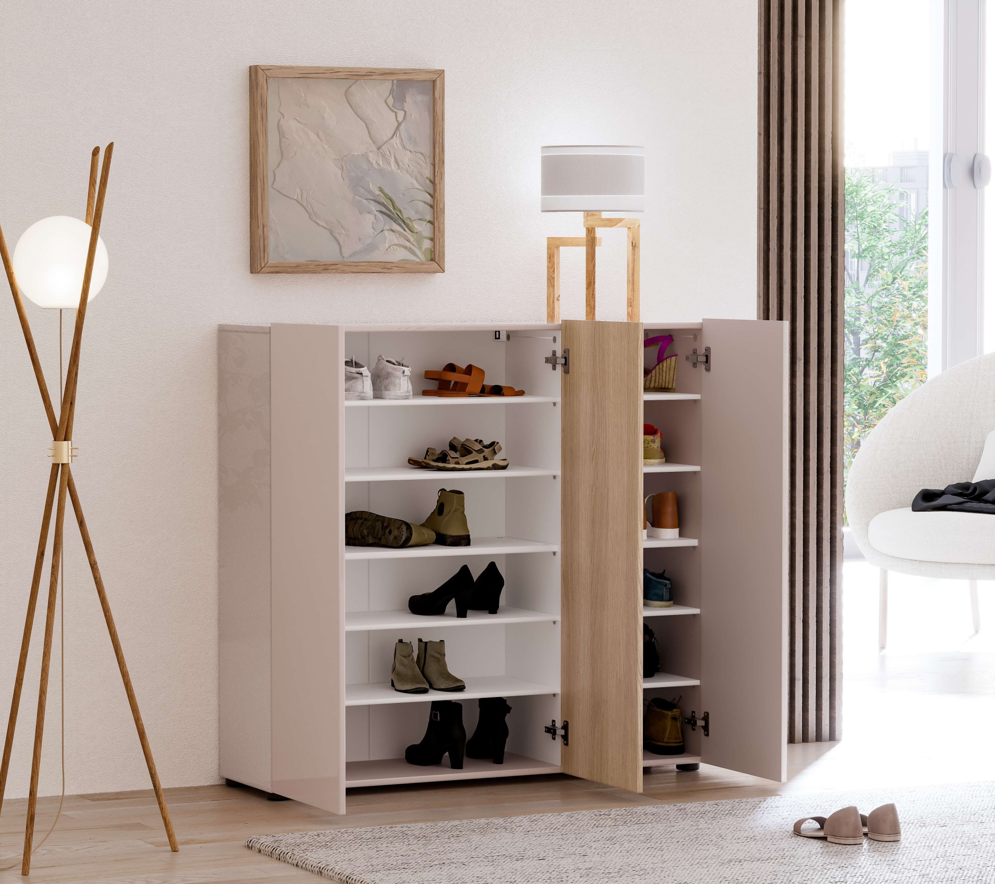 Home affaire Schuhschrank »LADY, Schuhkommode,Schuhmöbel,Schuhablage,Schuhregal« Korpus und weiße Türen hochglänzend lackiert.,  10 Einlegeböden,12 Fächer,ca. 24 Paar Schuhe-Maße: B/T/H:120x34x115 cm