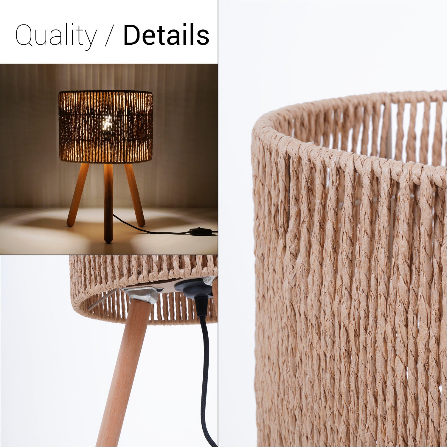 Paco Home Tischleuchte »PITA«, Leuchtmittel E27 | ohne Leuchtmittel, Nacht Schreib Lampenschirm Boho Holz Stativ E27