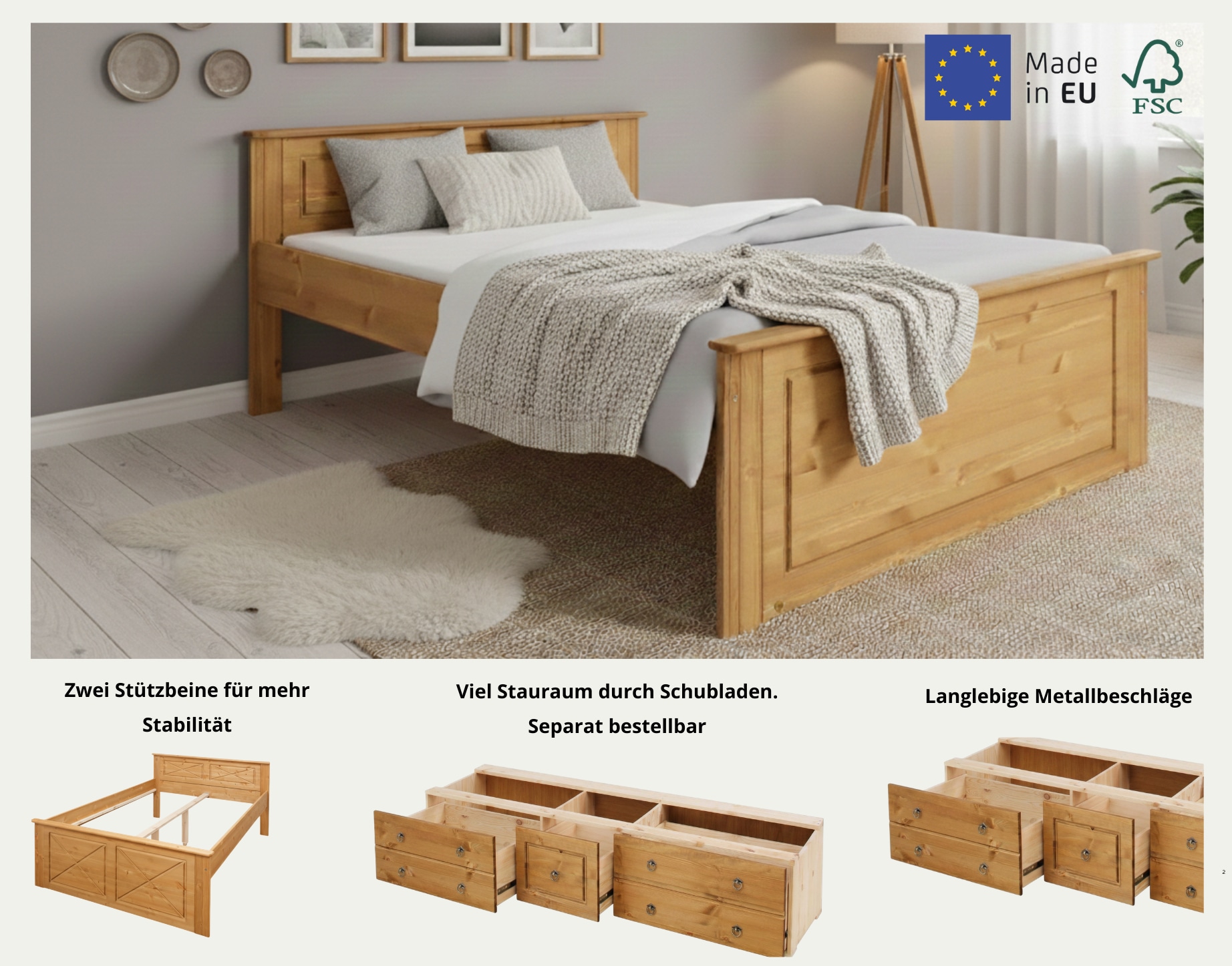 OTTO home Massivholzbett »Hugo, FSC® zertifiziertes Massivholz, Landhausstil« Breite/Belastbarkeit 180cm/200KG, 140cm/180KG,  Stauraumbett, optional inklusive Schubladen, extra belastbar