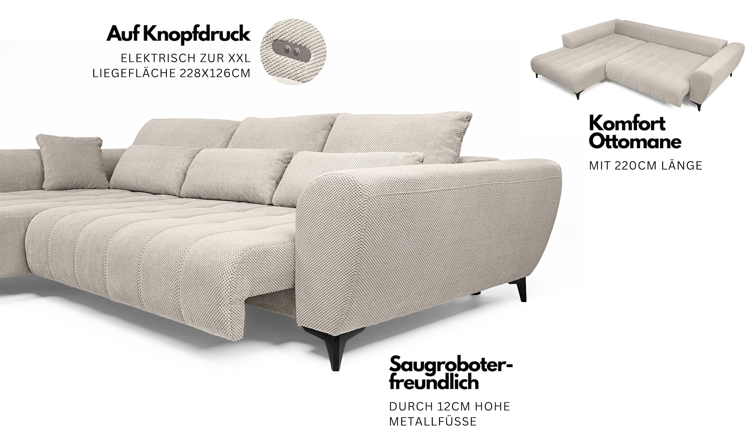 WERK2 Ecksofa »Garay inkl. elektr. Sitztiefenverstellung, bodenfrei, viel Platz« Luxus-Microfaser, L-Form, XXL, elektrische Sitztiefenverstellung