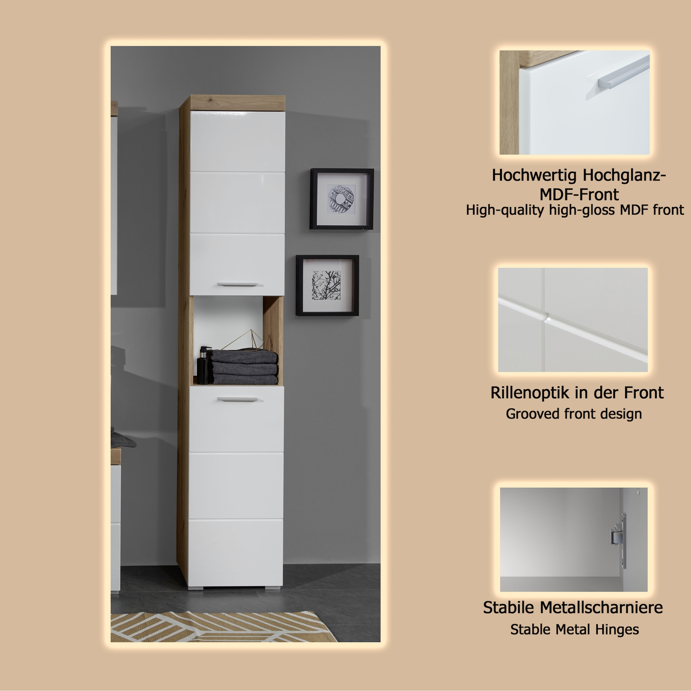 welltime Hochschrank »Avena«, Badschrank mit 2 Türen & 1 Fach - (B/T/H) 37/31/190 cm