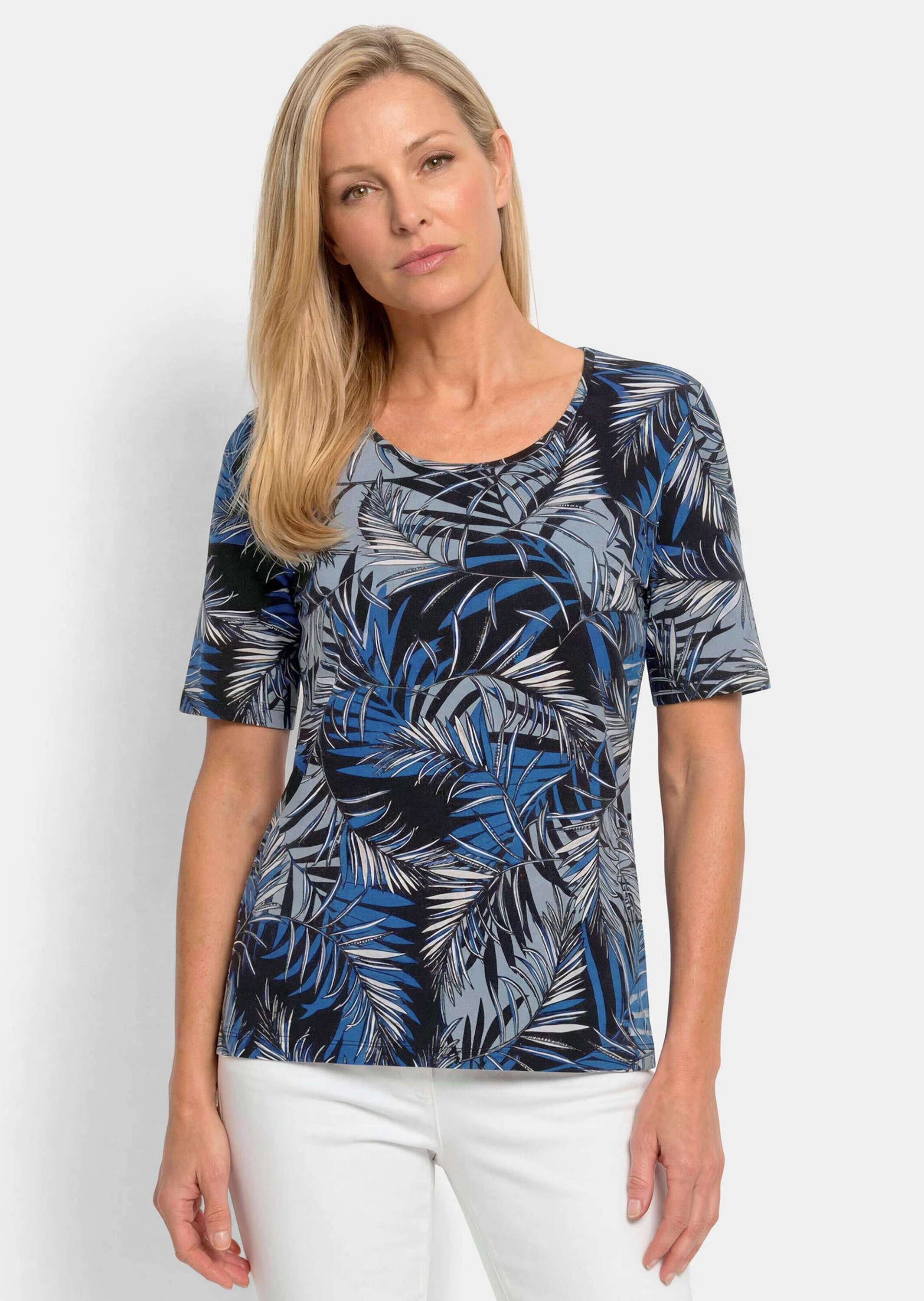 GOLDNER Kurzarmshirt »Viskoseshirt mit Palmenprint« stretchbequemer Viskosejersey