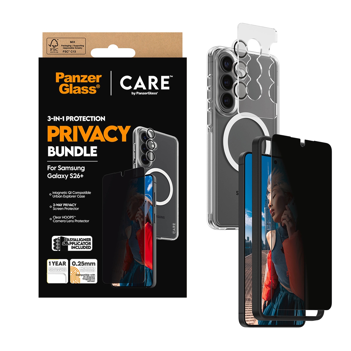 CARE by PanzerGlass Displayschutzglas »3-in-1 Protection Privacy Bundle« für Samsung Galaxy S26+ Displayschutzfolie, Schutzfolie, Bildschirmschutz, kratz- & stoßfest