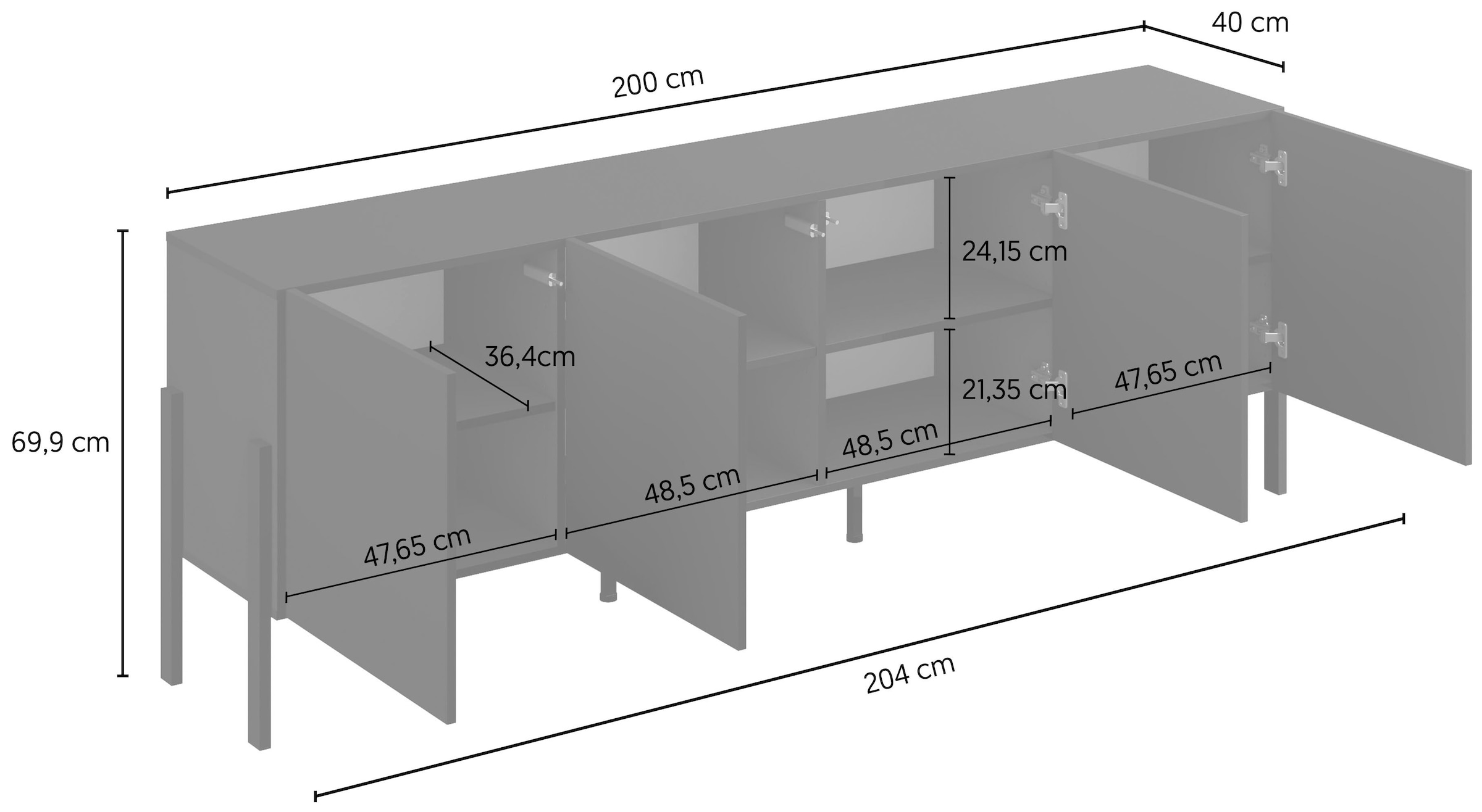 OTTO home Kommode »Jukon,Breite 200 cm, moderne grifflose Kommode,4 Türen« Sideboard, Anrichte viel Stauraum, push-to-open-Funktion