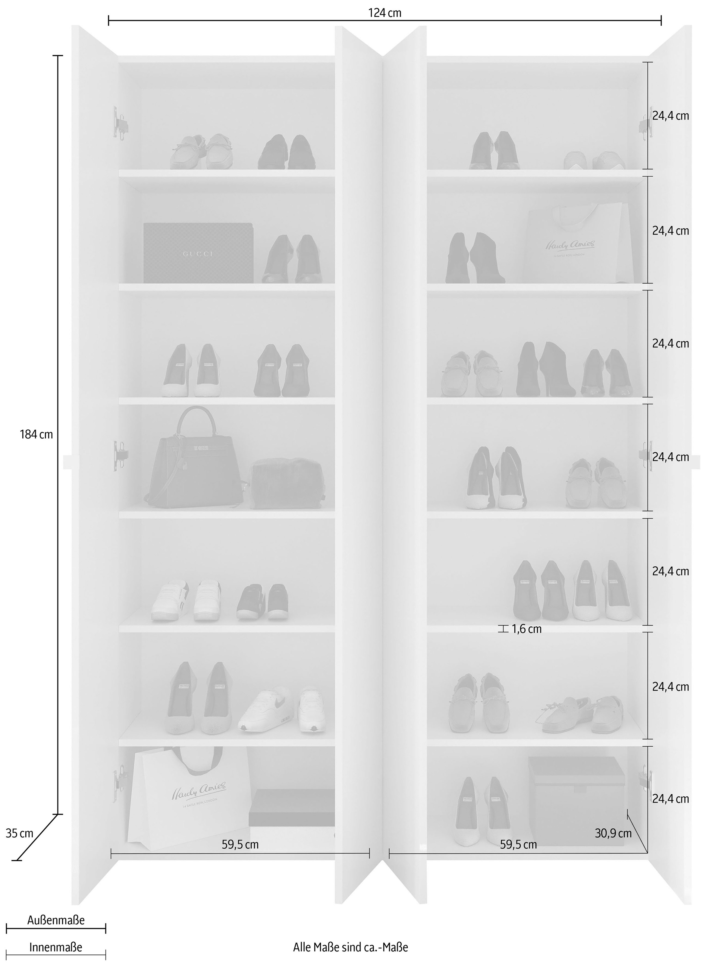 INOSIGN Schuhschrank »SMILE Breite 124 cm, Höhe 184 cm, Schuhregal mit 7 Ebenen, 14 Fächer«, Schuhkommode in Weiss Hochglanz Lack, 2 Metallgriffe
