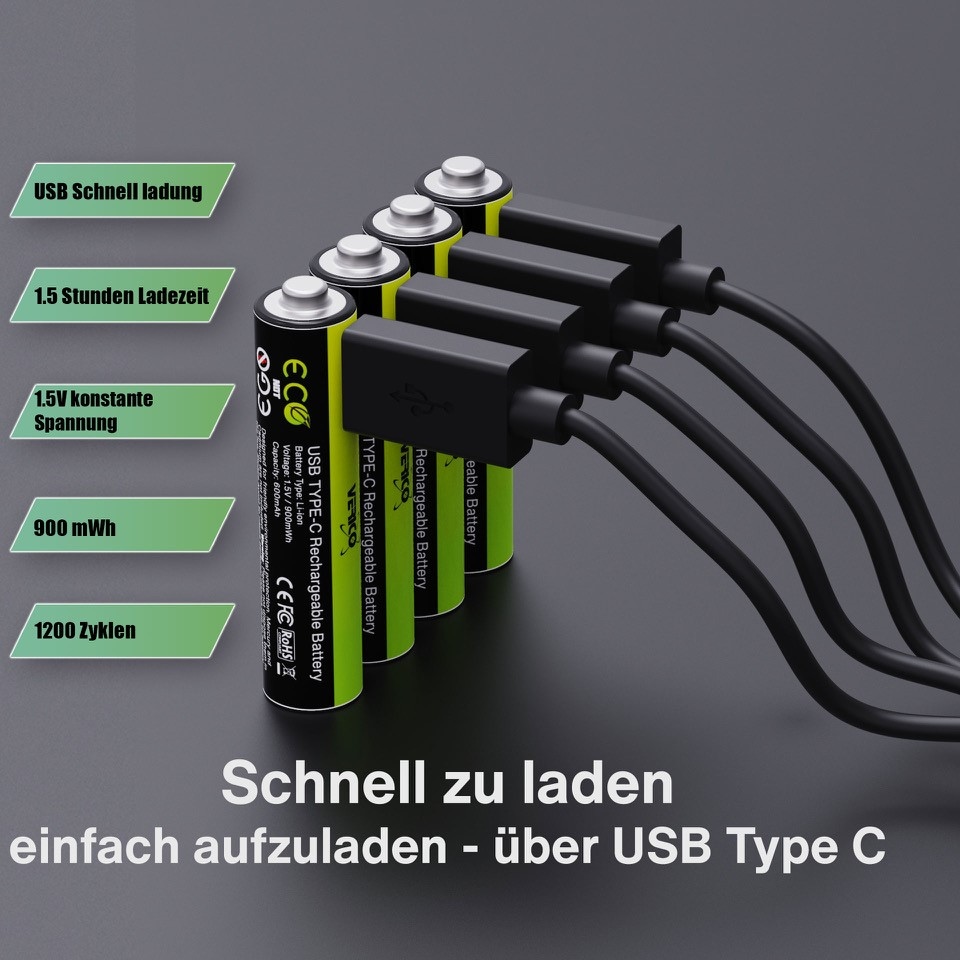 Verico Batterie »Loopenergy AAA (Micro)«, 1,5 V, (4 St.), USB-C Kabel im Lieferumfang