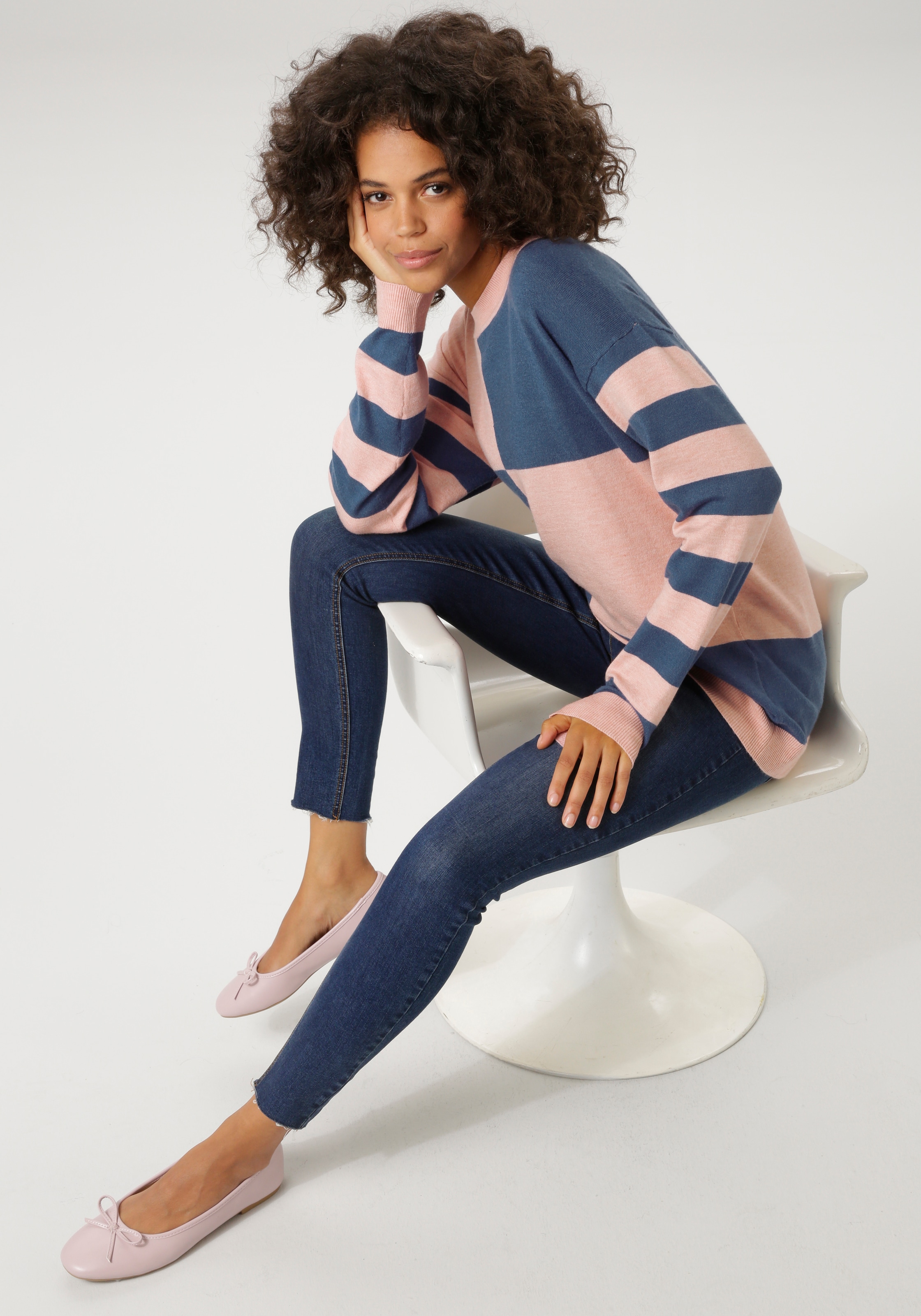 Aniston CASUAL Strickpullover mit großflächigem Patchmuster und geringelten Ärmeln - NEUE KOLLEKTION