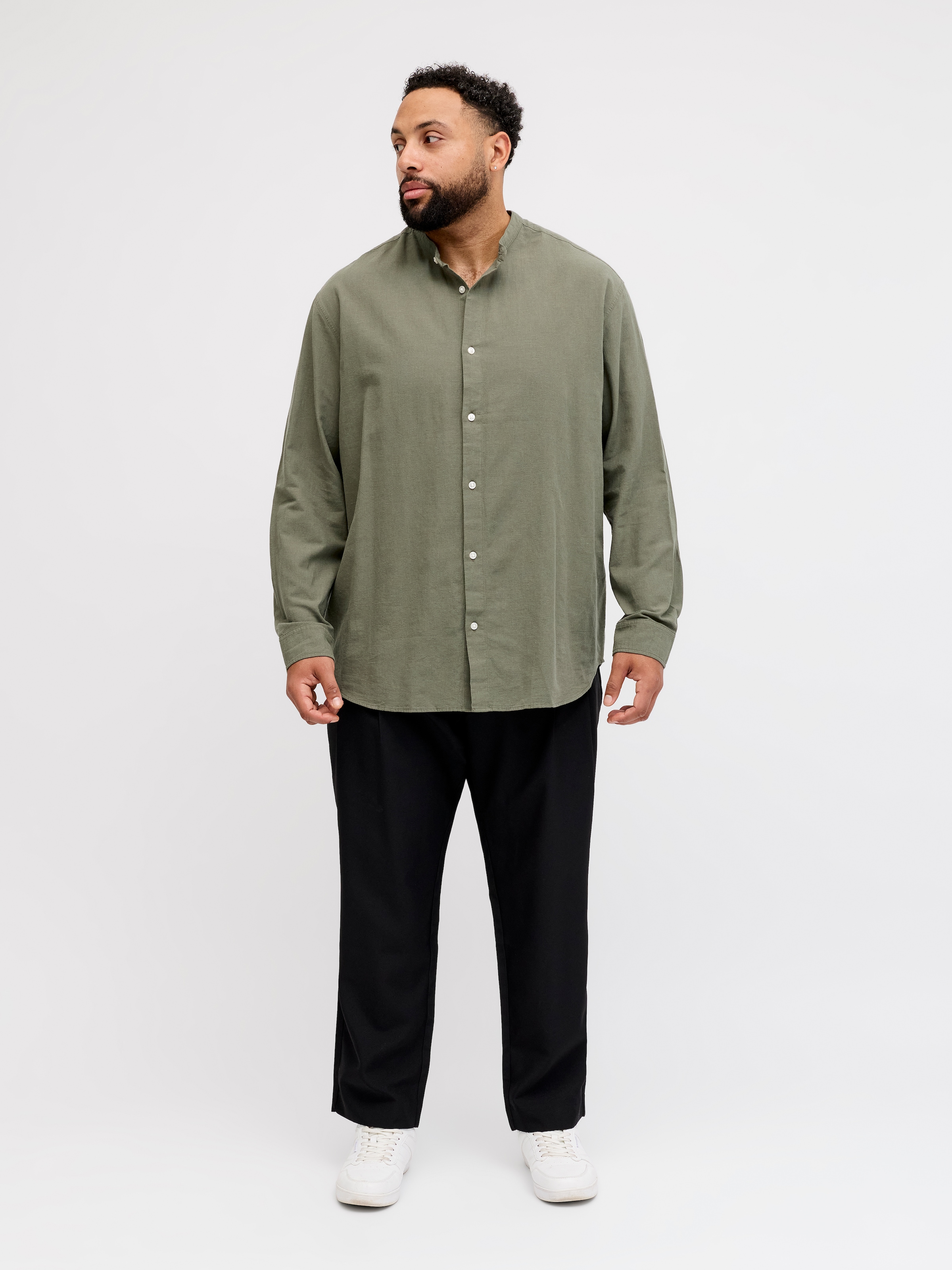 Jack & Jones PlusSize Langarmhemd »JJEBREEZE LINEN BLEND BAND SHIRT L PLS« mit Stehkragen