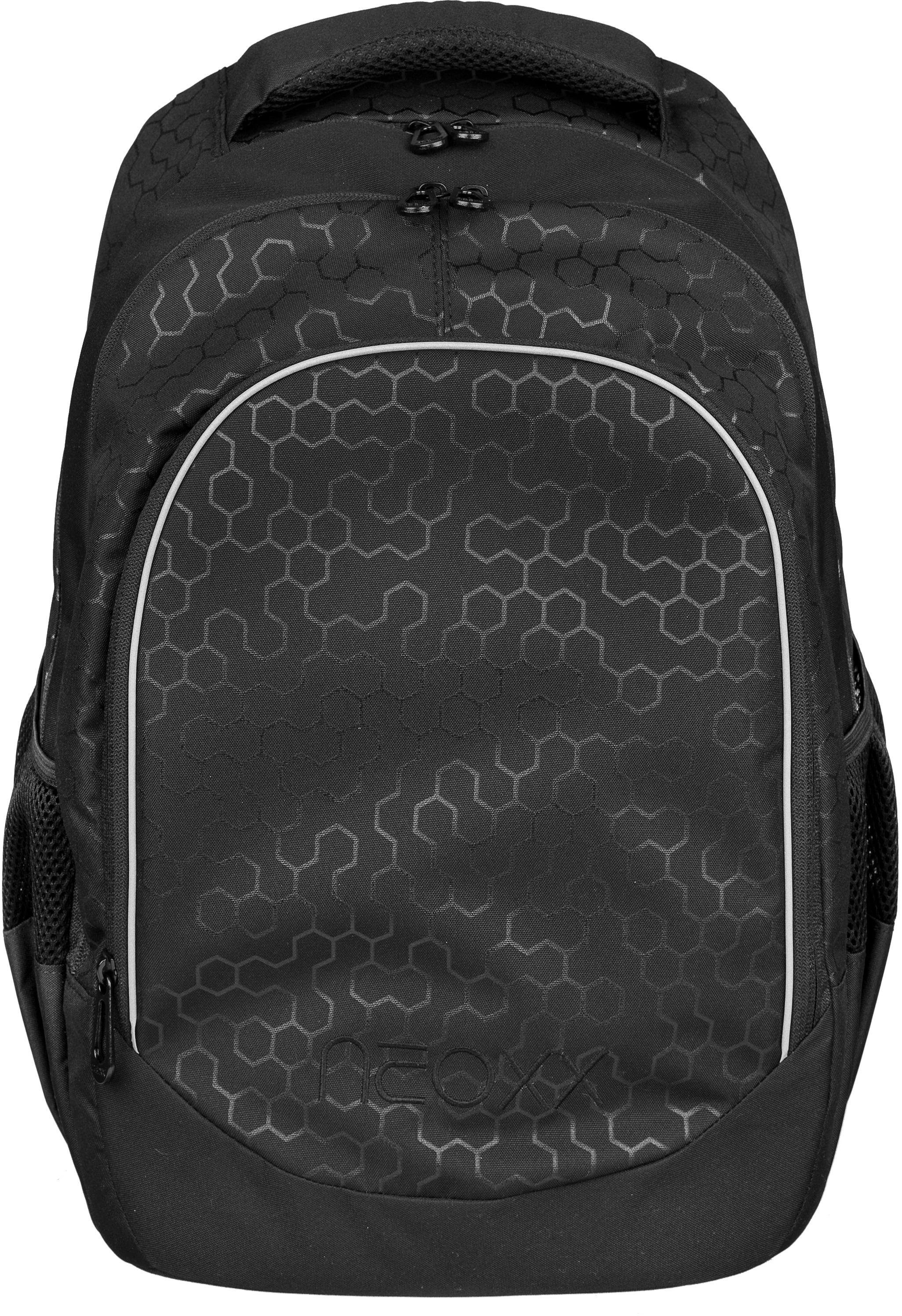neoxx Schulrucksack »Fly, Lost in black«, Reflektionsnaht, aus recycelten PET-Flaschen