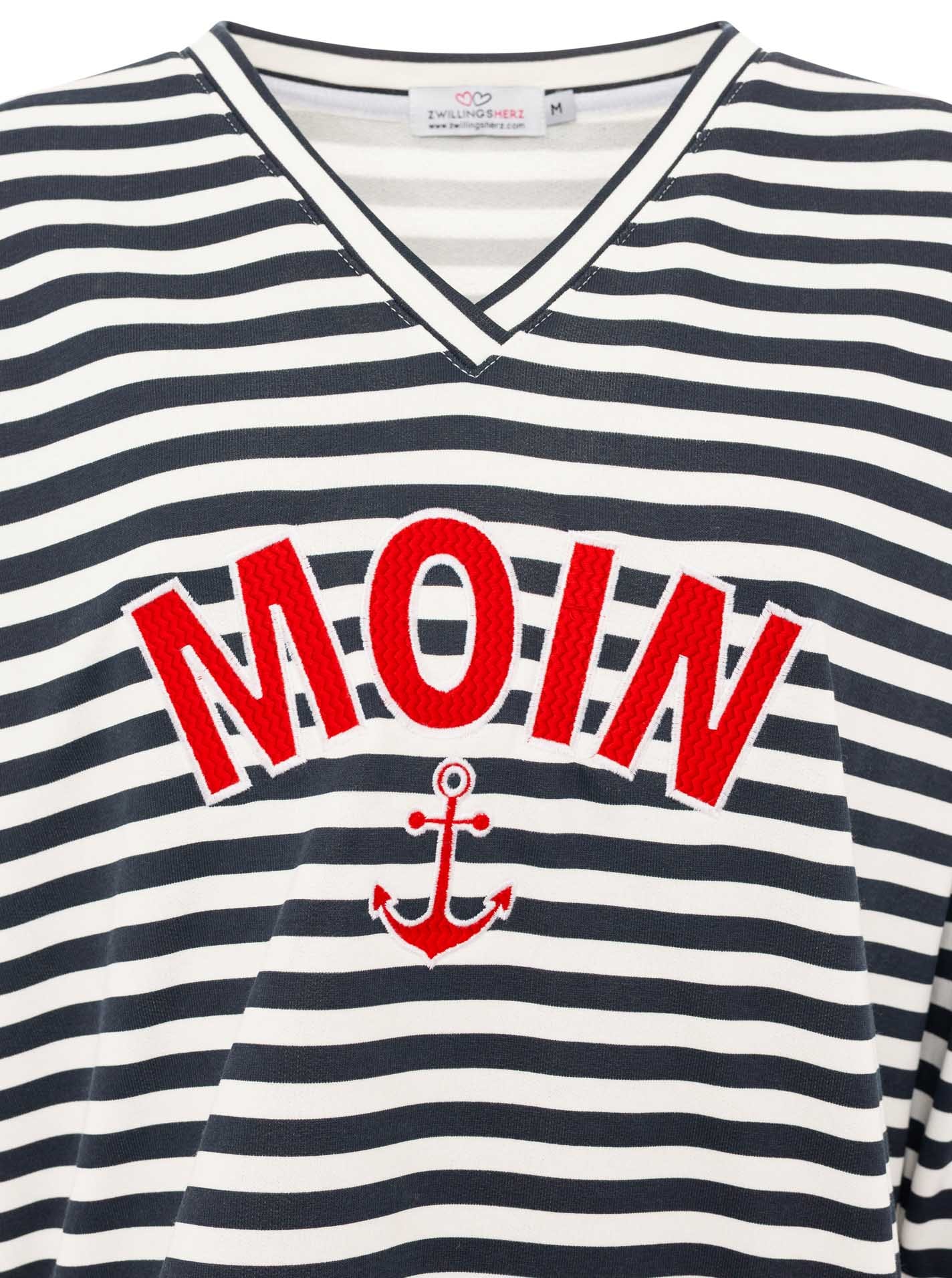 Zwillingsherz Hoodie »"Streifen Moin"«, V-Neck, gestreift, Stickerei mit Anker, gestreifte Bündchen
