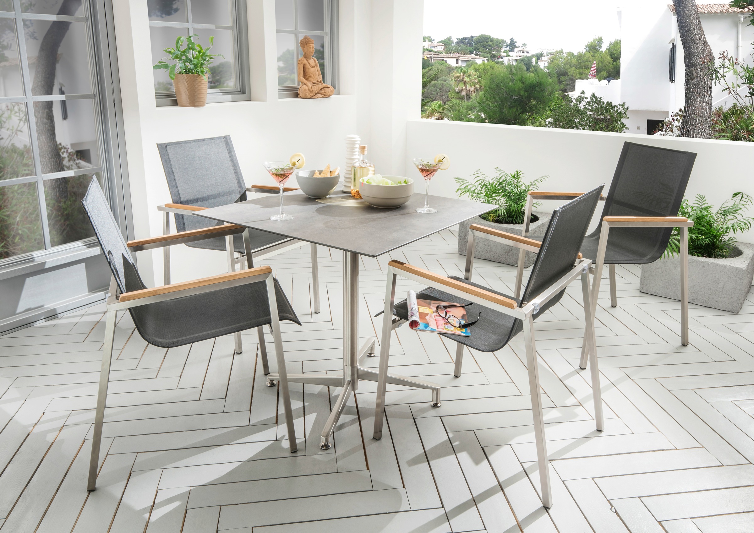 Destiny Garten-Essgruppe »Altos II«, (Set), Sessel taupe mit Loft Tisch 80 x 80 cm, Tischplatte besonders hohe Kratz-, Abrieb- und Stoßfestigkeit