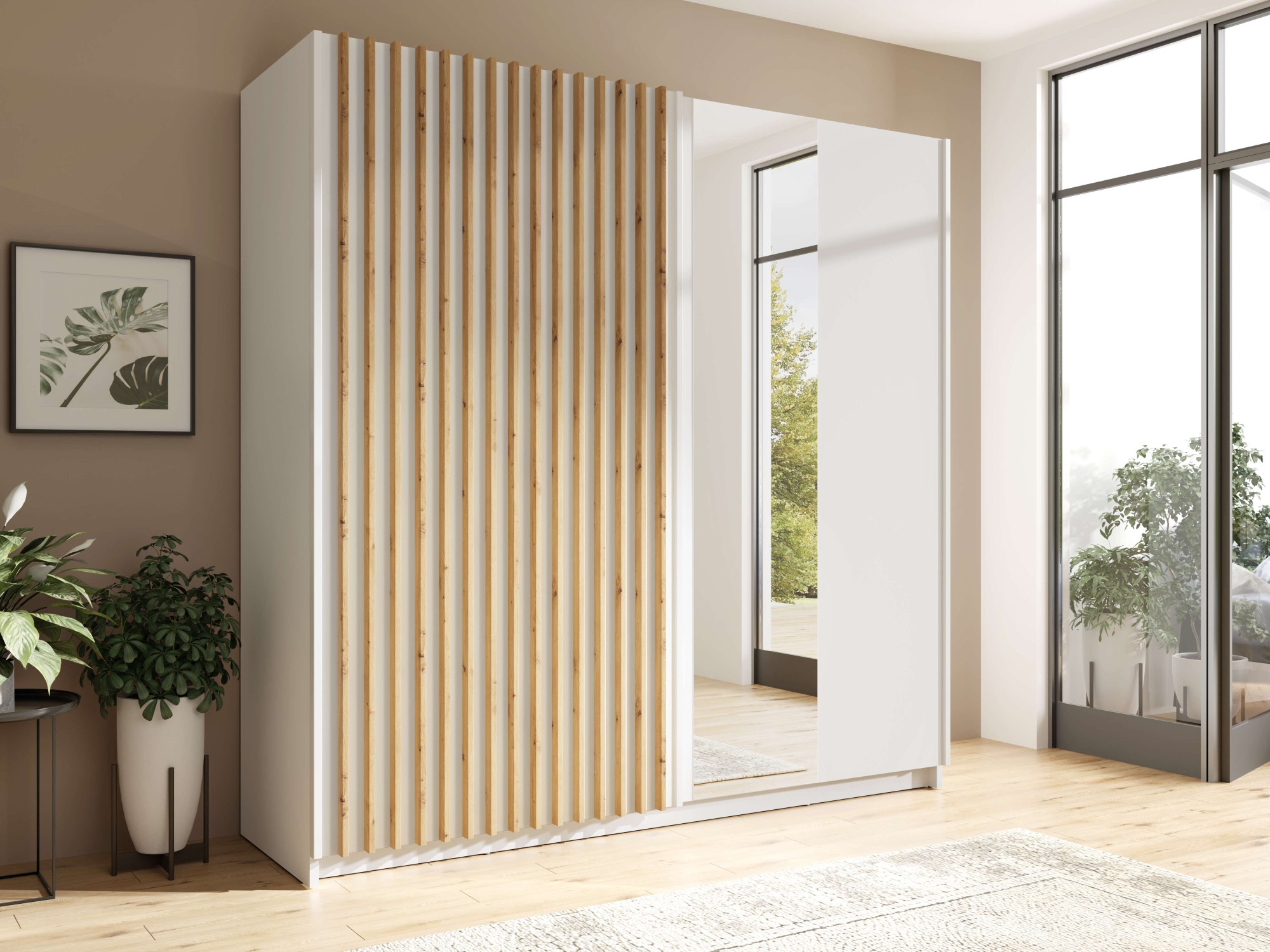 INOSIGN Kleiderschrank »Kleiderschrank Camden mit Spiegel, 4 Einlegeböden und Kleiderstange«, Garderobe mit 2 Schwebetüren und Lamellen, BxHxT 200,2x198,5x61,6 cm