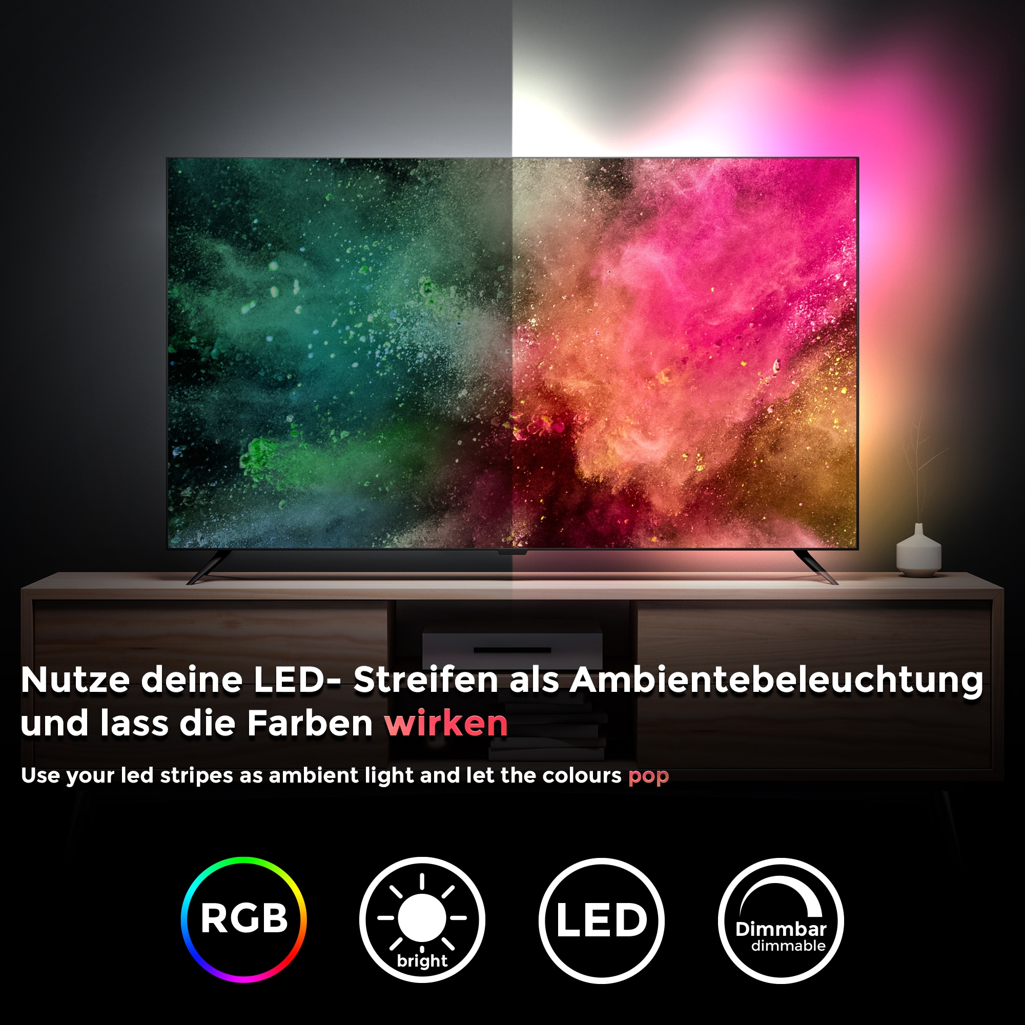 B.K.Licht LED-Streifen, LED TV Hintergrundbeleuchtung Backlight 2m USB RGB selbstklebend