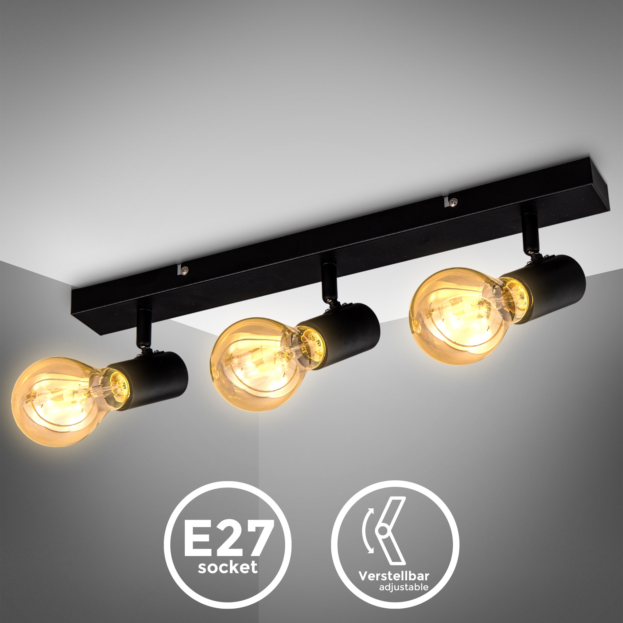 B.K.Licht Deckenspots, 3 flammig, Leuchtmittel E27 | ohne Leuchtmittel, schwenkbare vintage Deckenleuchte, 3-flammig, retro, Landhausstil