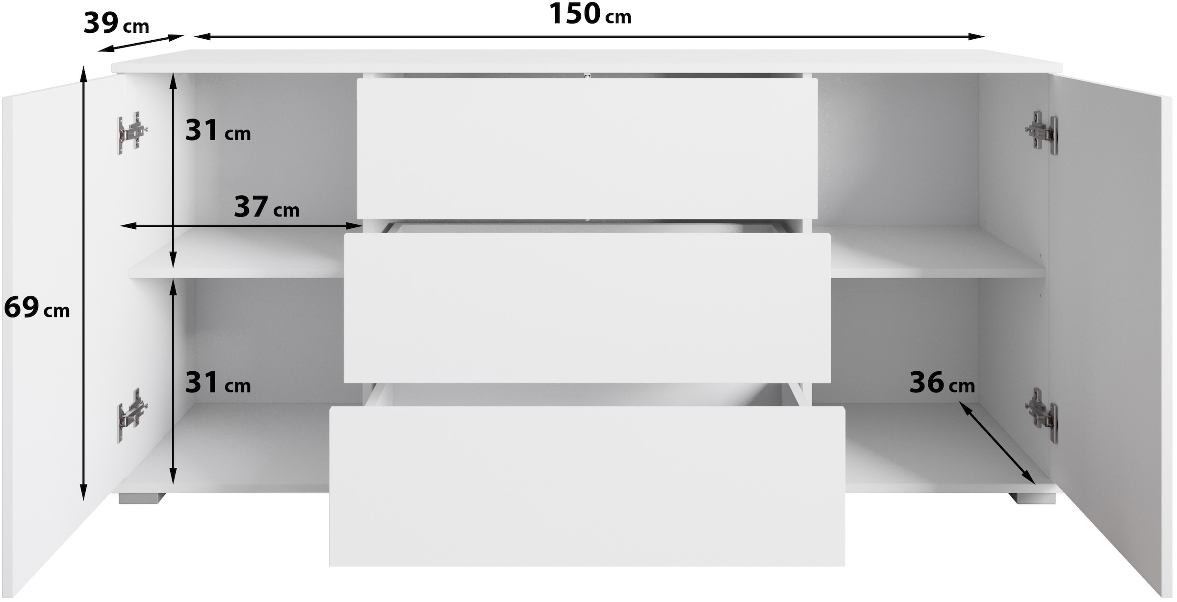 INOSIGN Sideboard »Kenia, Kommode für das Schlafzimmer/Wohnzimmer«, (1 St.), Modernes Sideboard mit 3 Schubladen und 4 Fächern, Breite 150 cm