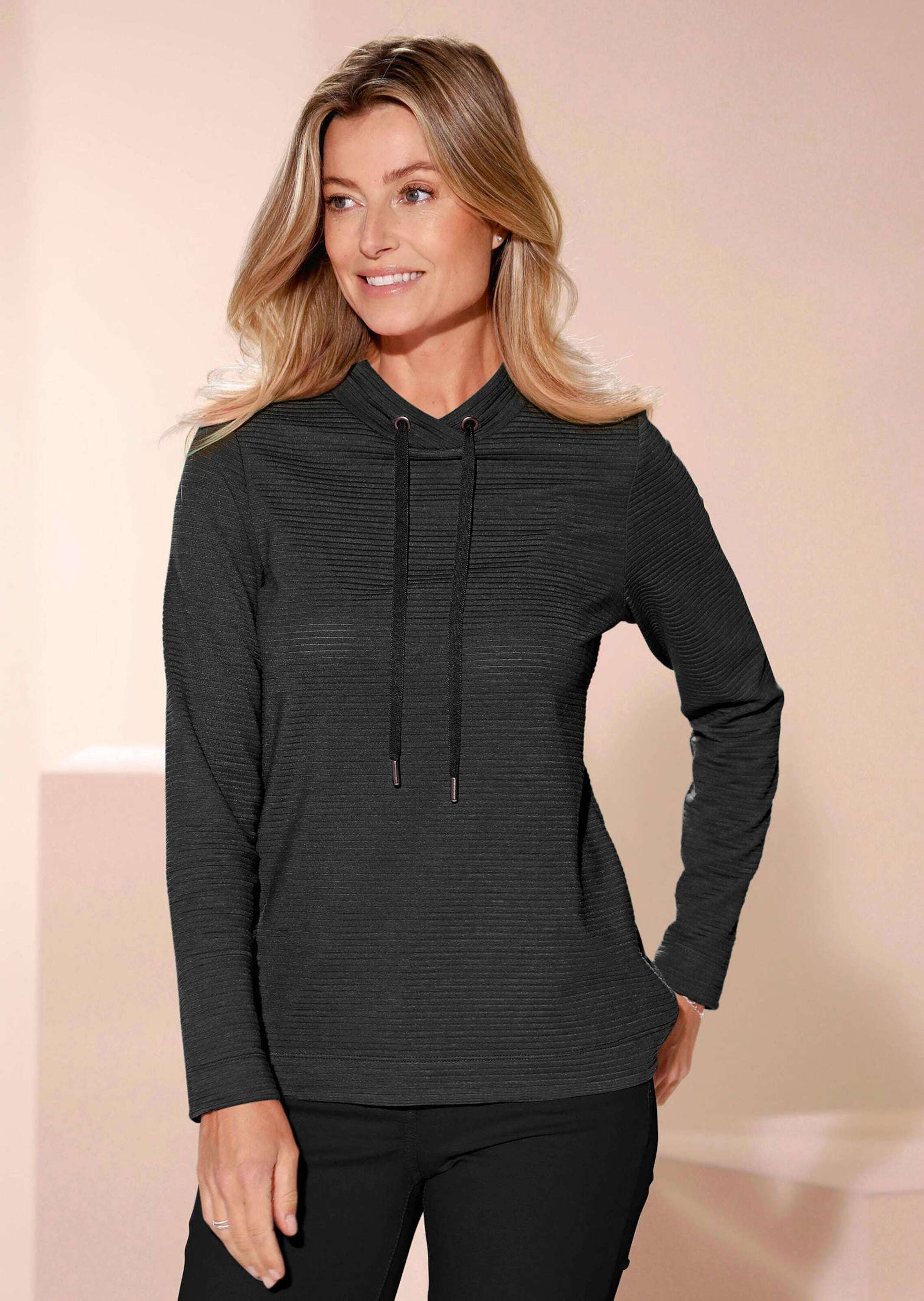 GOLDNER Kurzarmshirt »Langarm Viskose-Pullover, Stehbund« Sportive Kordel