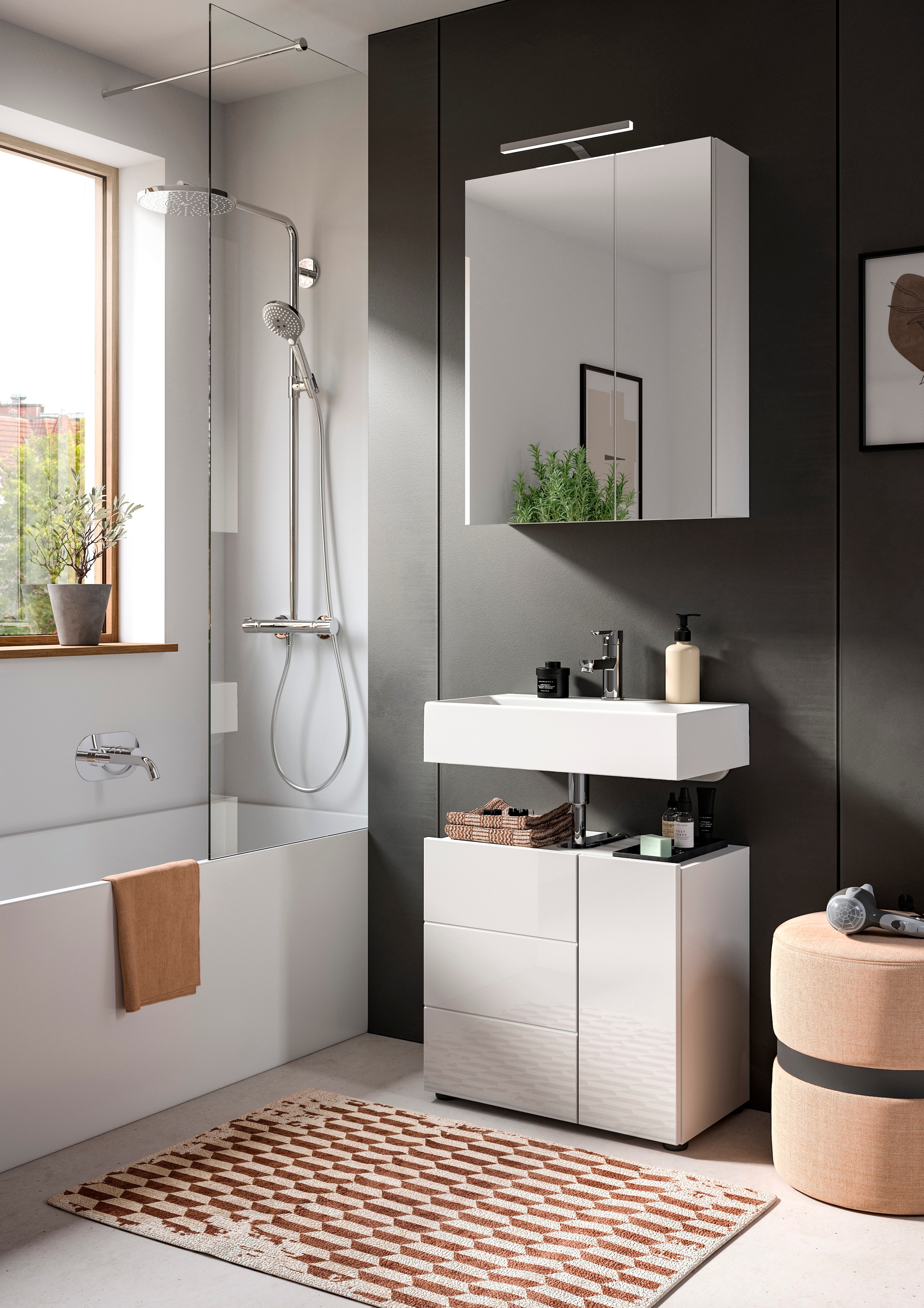 welltime Waschbeckenunterschrank »BIEL, TOPSELLER!, Breite 60 cm, 1 Tür, 2 Fächer, mit Siphonausschnitt«, (1 St.), Badmöbel, Badschrank, Schrank, Unterschrank, Bad, Badezimmer