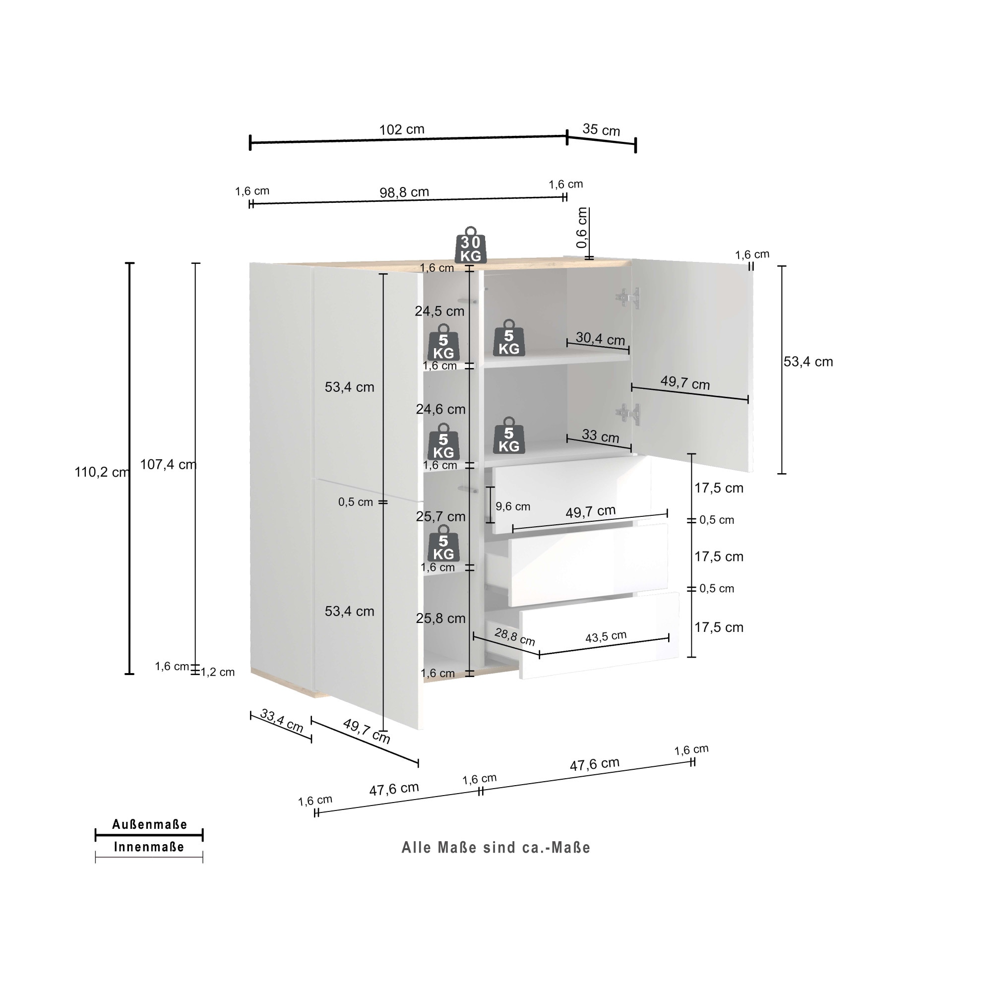 INOSIGN Highboard »GARDA Highboard, Kommode, Schrank, Grifflos mit Push to Open«, (1 St.), 3 Türen, 3 Schubladen, grifflos Breite 102 cm