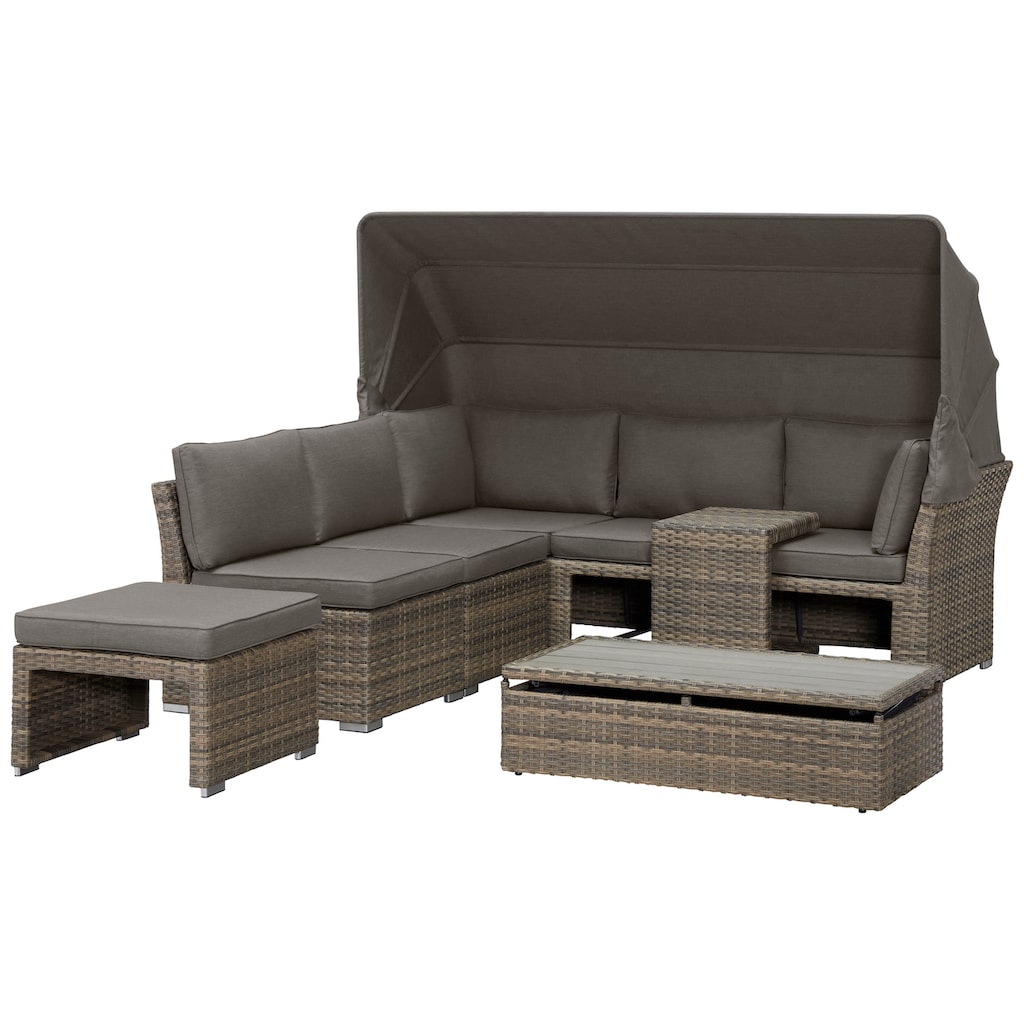 KONIFERA Gartenlounge-Set »Hawaii Premium«, (Set, 19 tlg., 1x3erSofa, 2xSessel, 1xHocker, 1xBeistelltisch, 1xTisch 111x54x59cm), mit aufklappbarem Dach und zur Sonneninsel umbaubar, Aluminium