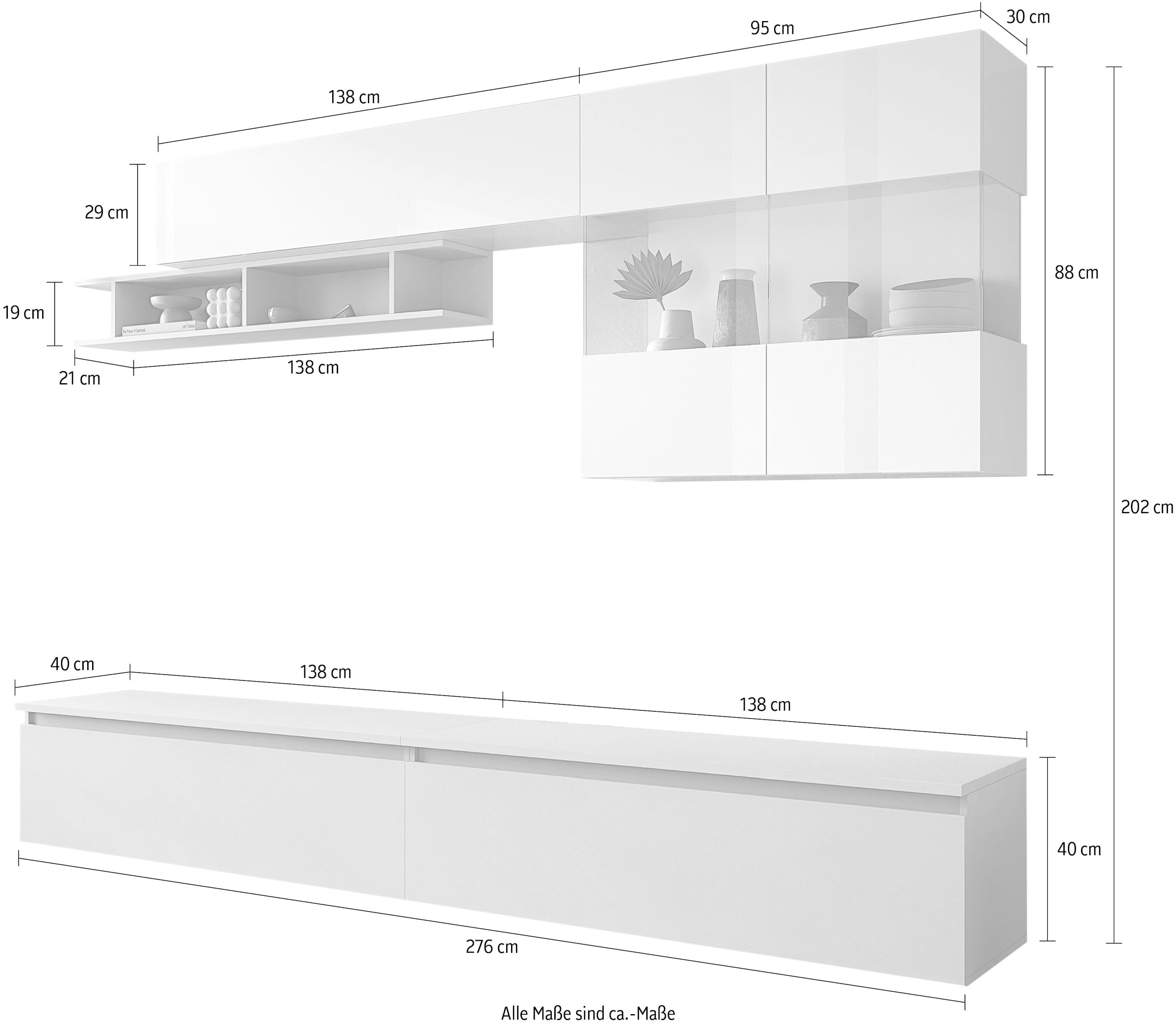 INOSIGN Wohnwand »INFINITY, 5tlg. Breite 276 cm, moderne Mediawand«, (5 St.), (2x Lowboard, Hängevitrine, Wandregal, Hängeschrank)