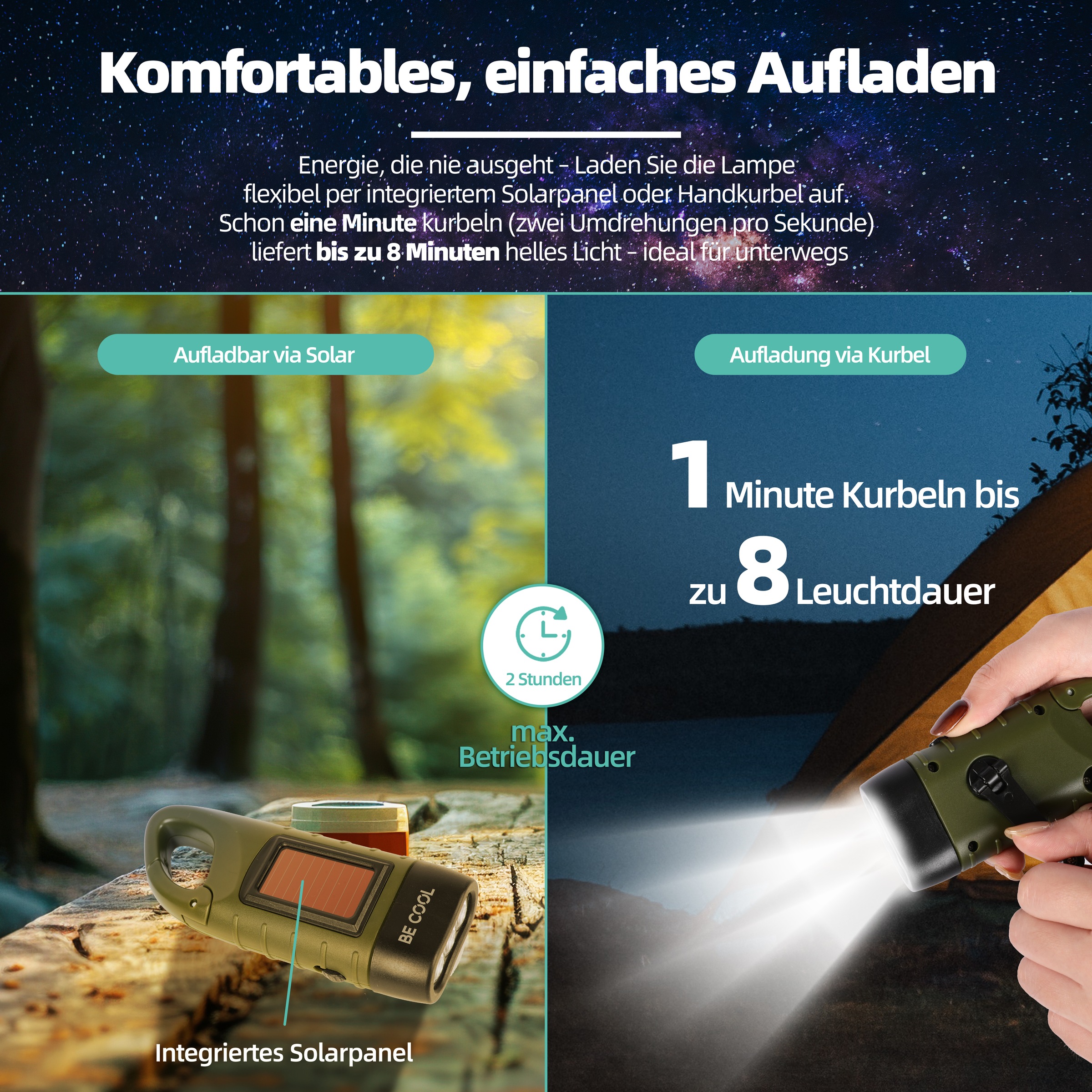 be cool Taschenlampe »Solartaschenlampe mit Kurbelfunktion«