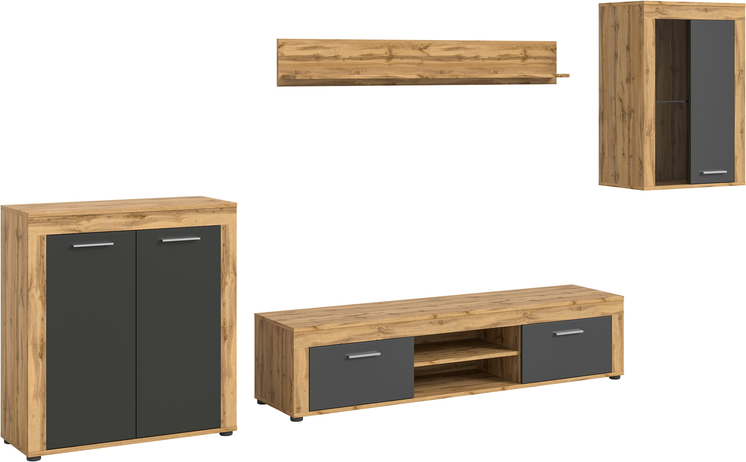 Home affaire Wohnwand »AOSTA, Breite 330cm, 4-teilige Wohn-Kombination« bestehend aus: Highboard, Lowboard, Wandboard & Vitrine, 4 Stk. tlg.