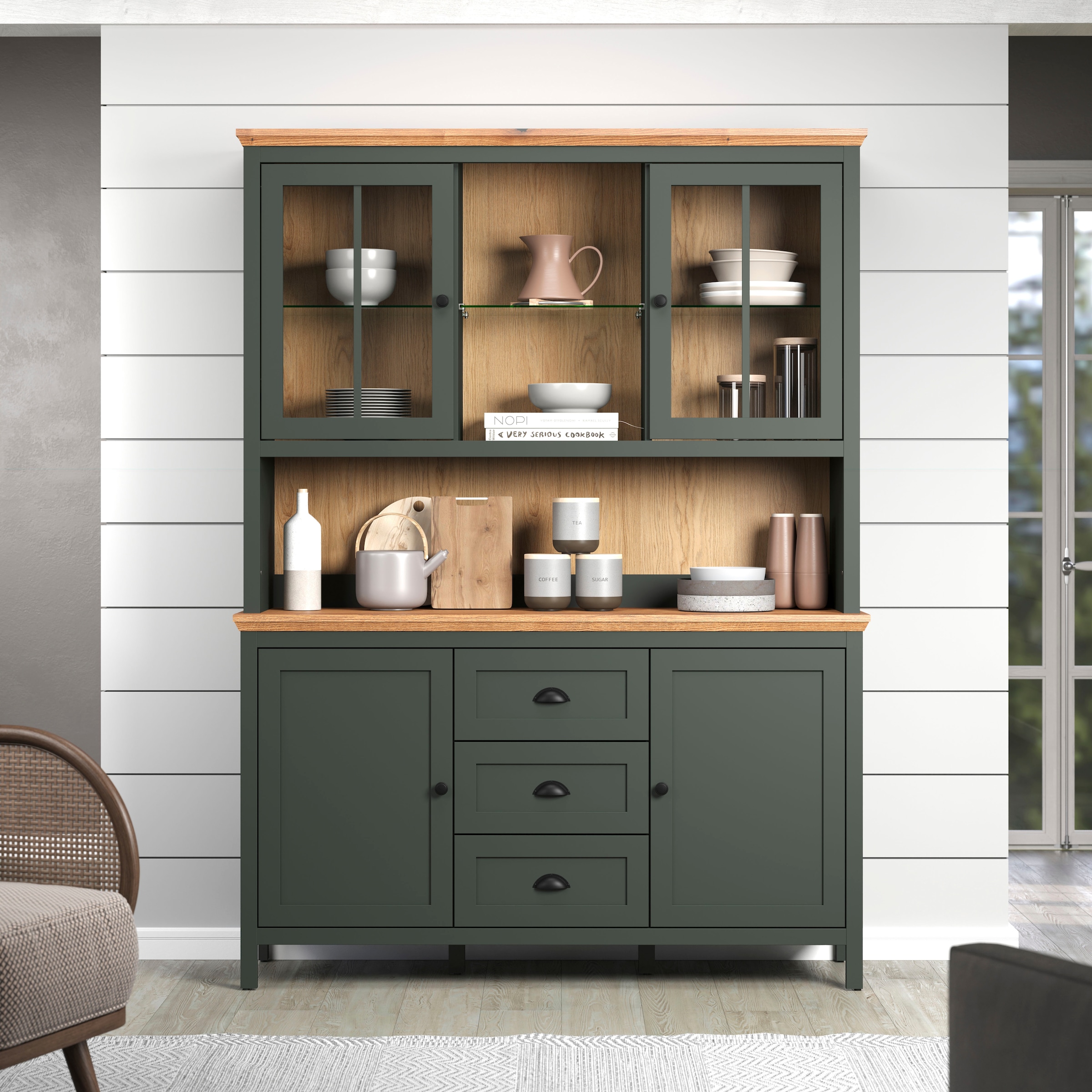 Home affaire Buffet »Vienna« Set, 2 Stk. tlg. Küchenbuffet im Landhausstil, inkl. Beleuchtung - (B/T/H) 146/39/112cm