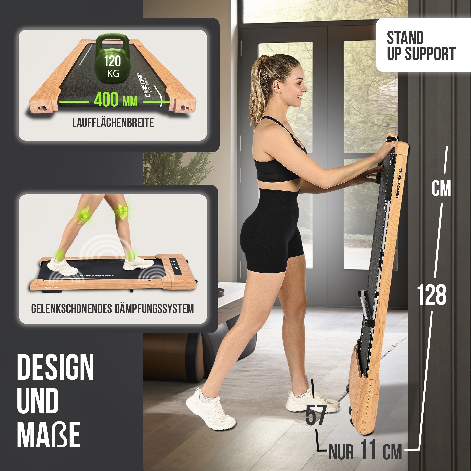 Christopeit Sport® Laufband »Walking Pad 4.2 Holzoptik«, (1 tlg., Aufstellfüße "Stand Up Support" für vertikale Wand-Lagerung), bis max. 6 km/h