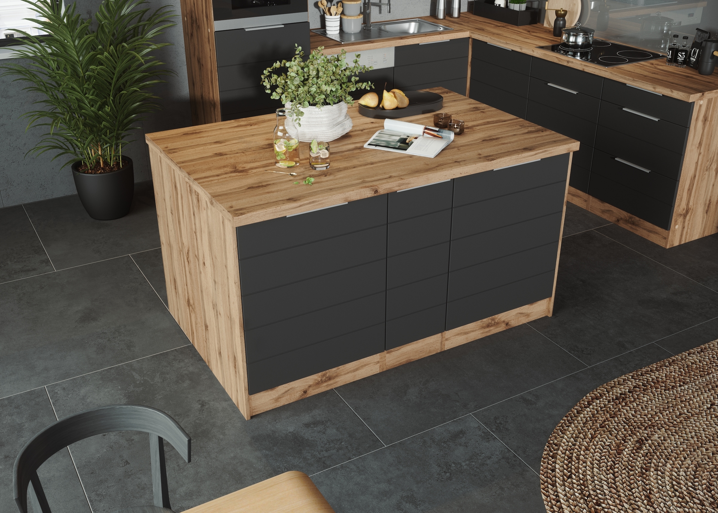 KOCHSTATION Kücheninsel »KS-Luhe, Breite 153 cm, mit Flaschenregal« MDF-Fronten, Arbeitsplatte 38mm stark