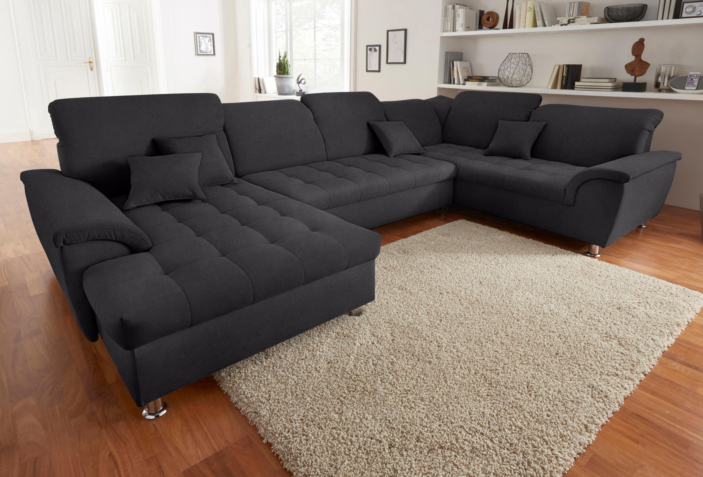 DOMO collection Wohnlandschaft »Franzi optional mit Bettfunktion, Bettkasten & Kopfteilverstellung« XXL-Sofa, Recamiere links, graphite, B/T: 352/214 cm