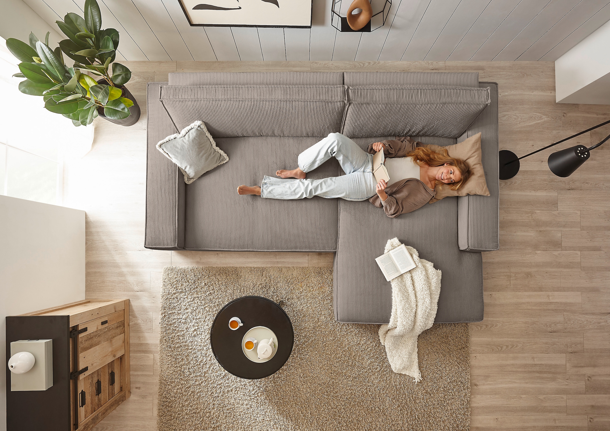 Home affaire Ecksofa »NEU: SHERWOOD XXL 284, Big-Sofa L-Form, tiefe Sitzfläche 95 cm, Cord«, Recamiere rechts/links, als Schlafsofa stellbar, Cord u. Leinenoptik